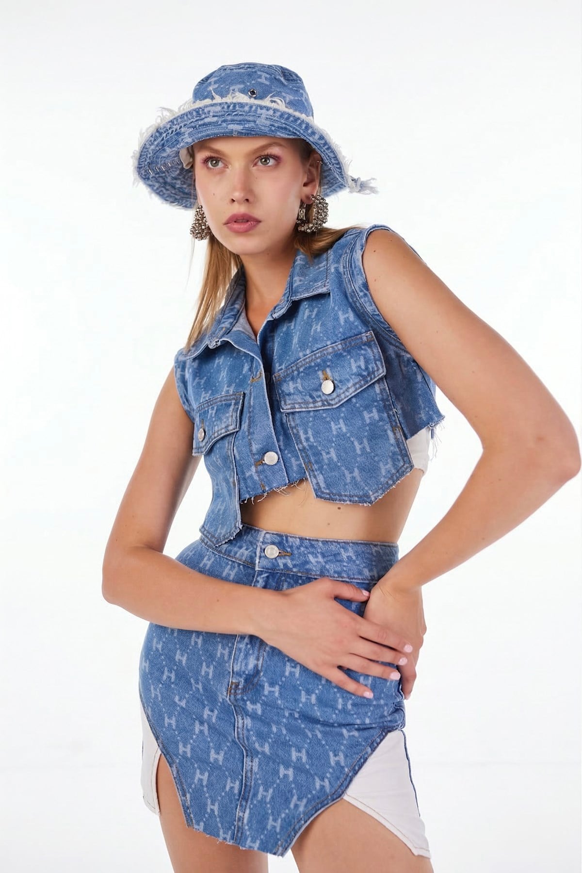 H Baskılı Bucket Şapka Mavi