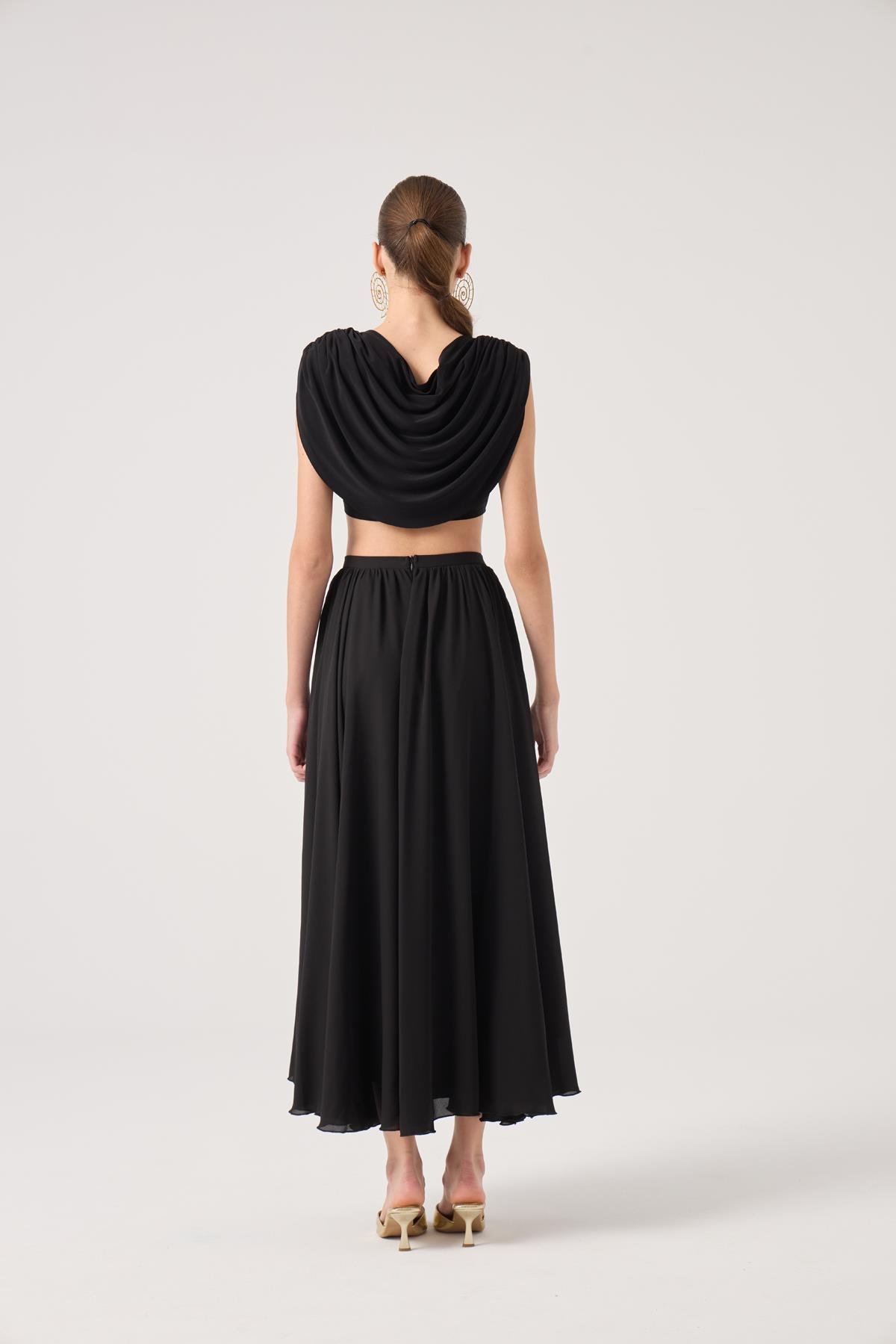 Şifon Etekli Pelerin Bluz Büstiyer 3 lü Alanna Takım Siyah