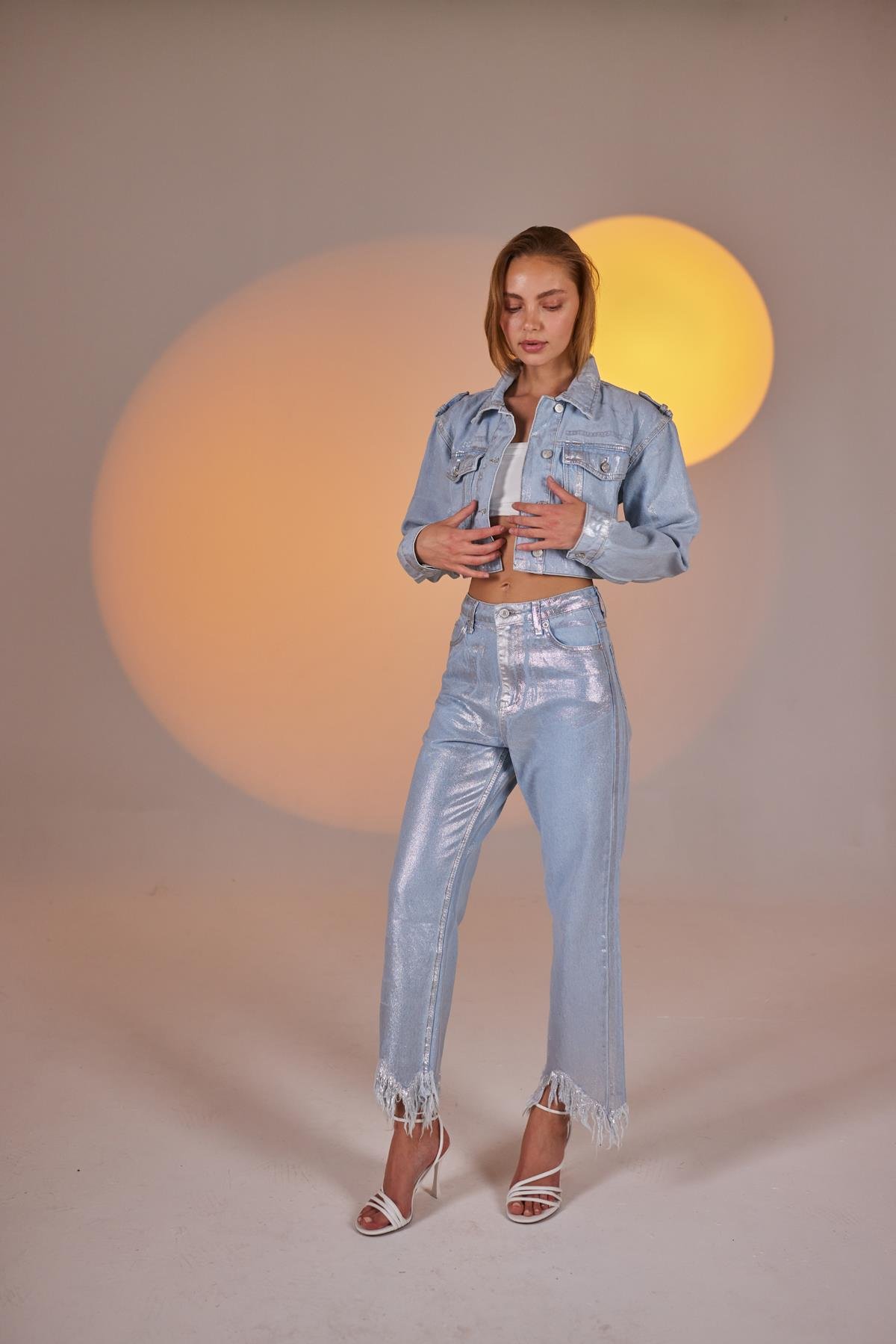 Özel Yapım Parlak Kaplamalı Glossy Jean Ceket Mavi