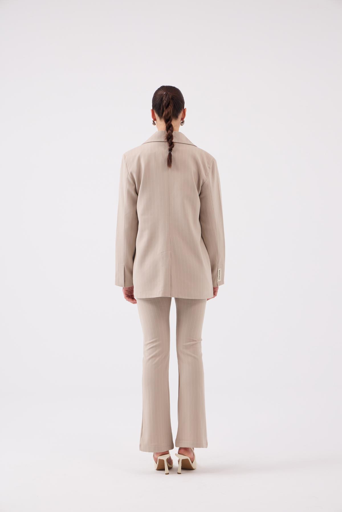 Vatkalı Astarlı Blazer Striped Blazer Ceket Bej