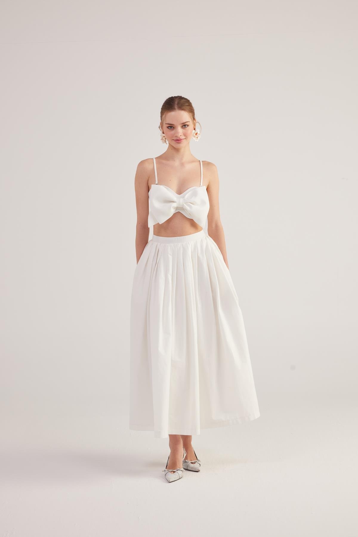 Beli Kemerli Cepli Astarlı Uzun Olivia Etek Beyaz