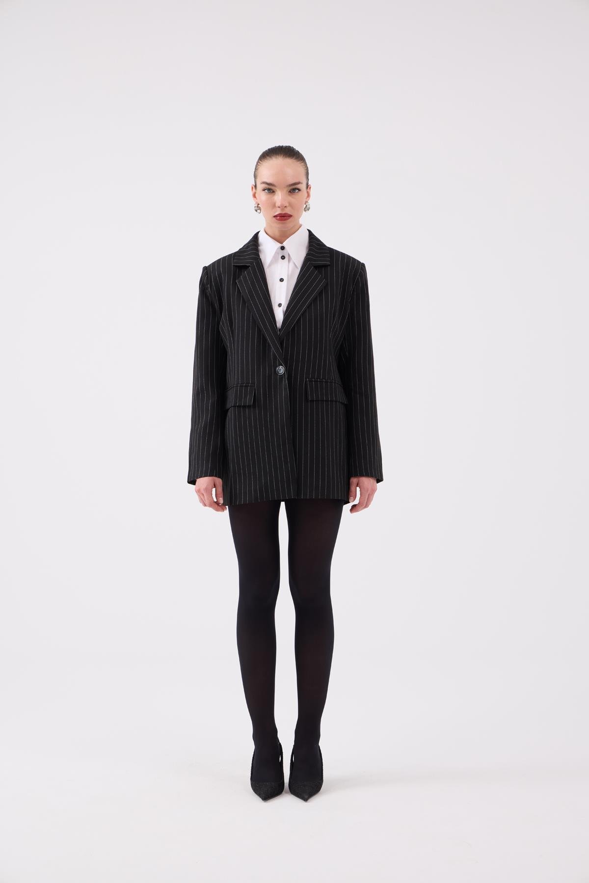 Oversize Kesim Çizgili Strip Blazer Ceket Siyah
