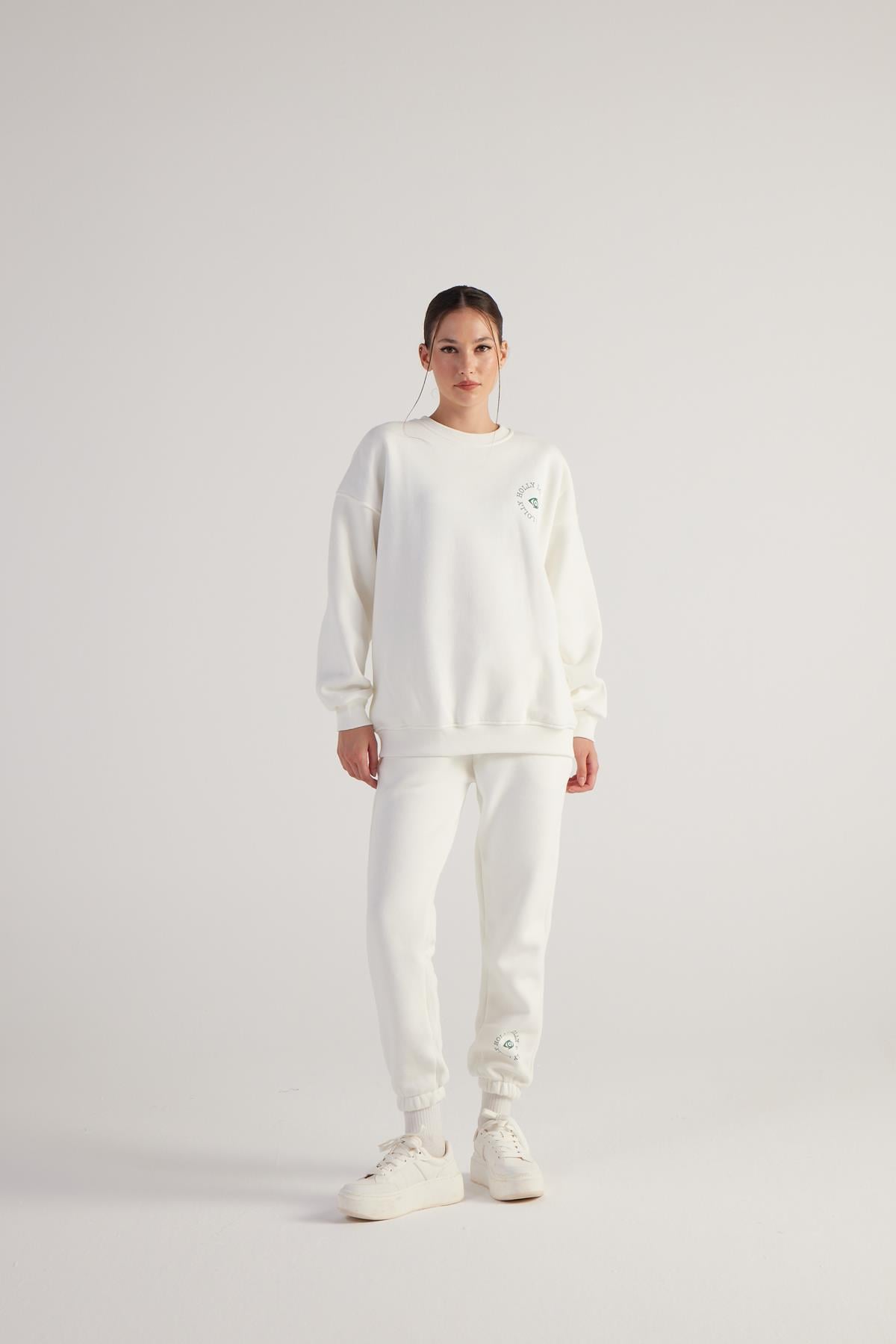 3 İplik Şardonlu Uzun Kol Bisiklet Yaka Fine Sweatshirt Ekru