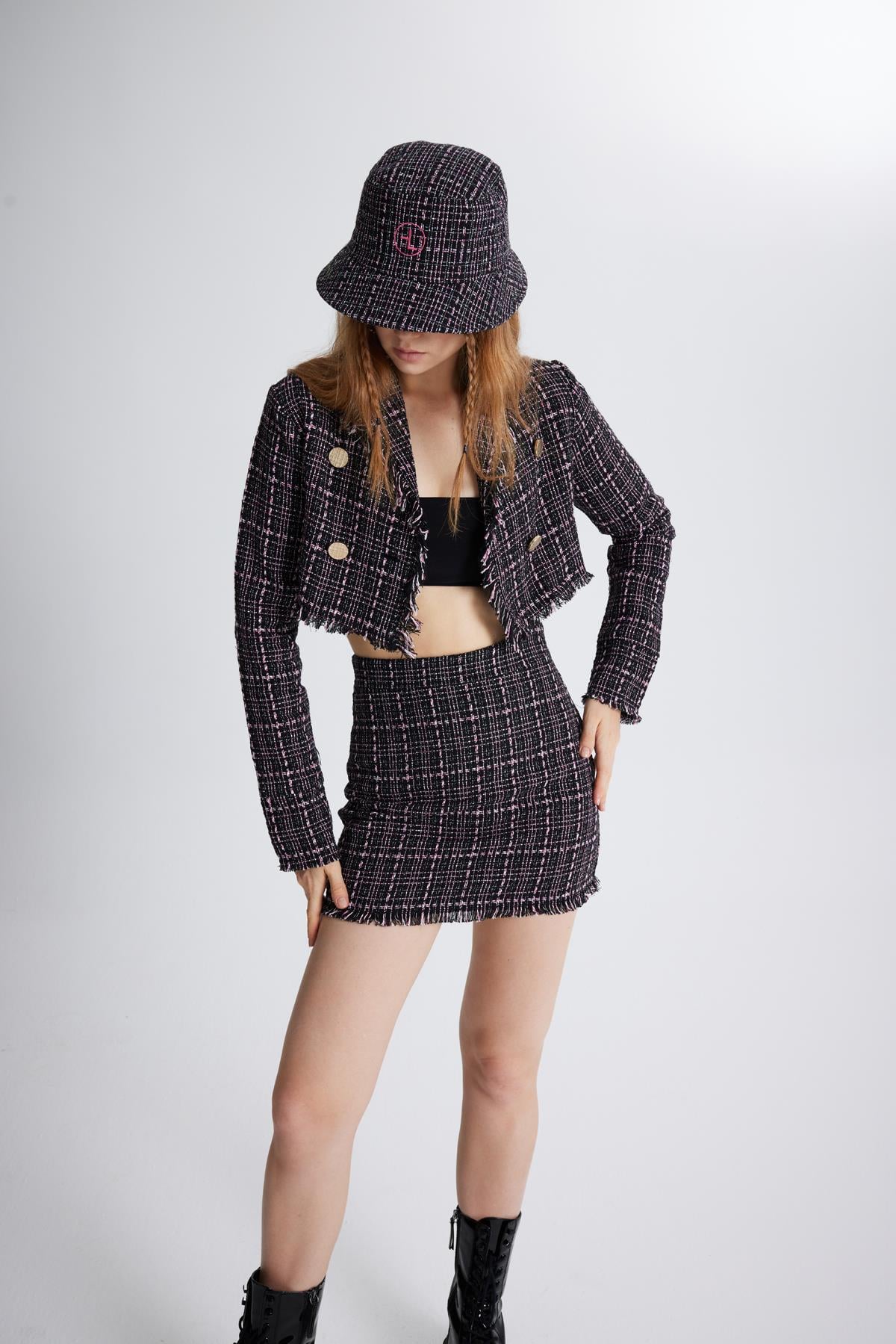 Tüvit Kumaş Mini Tweed Etek Siyah