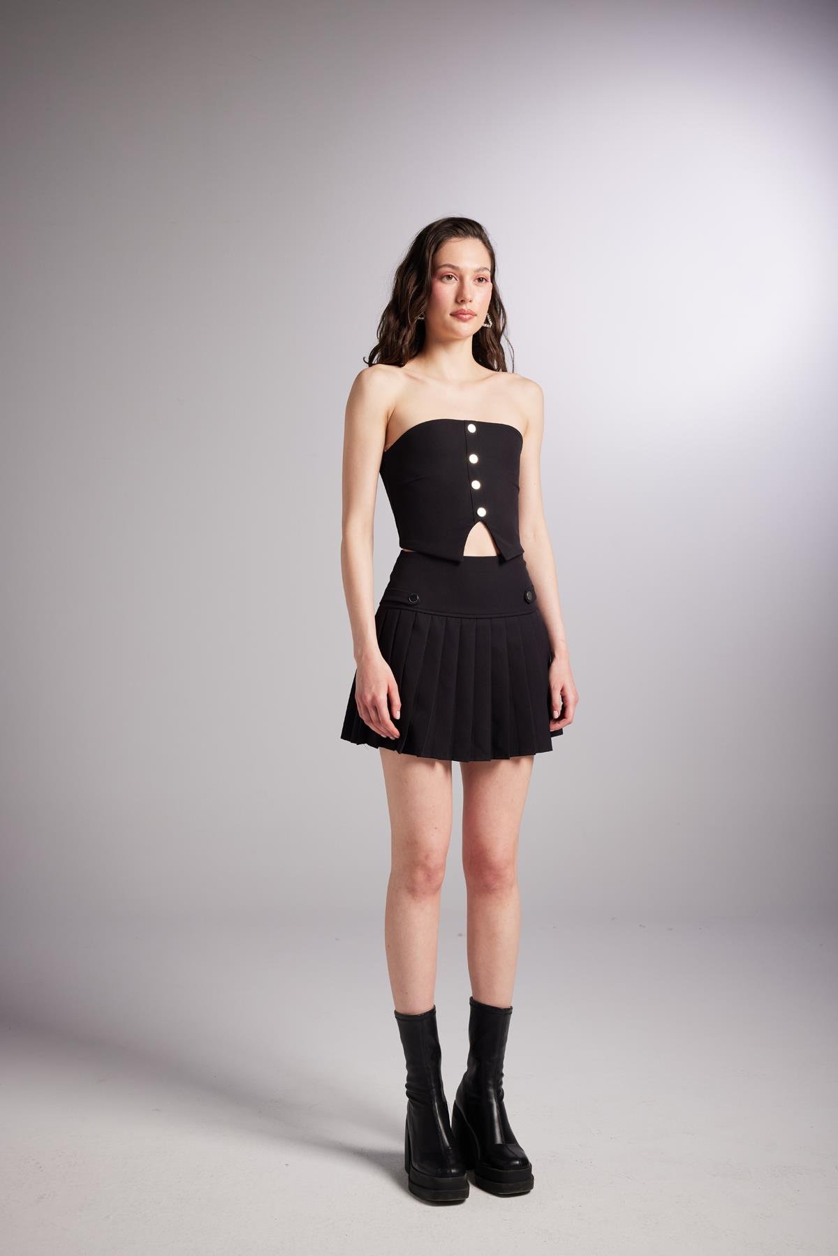 Düğme Detaylı Crop Devon Büstiyer Siyah