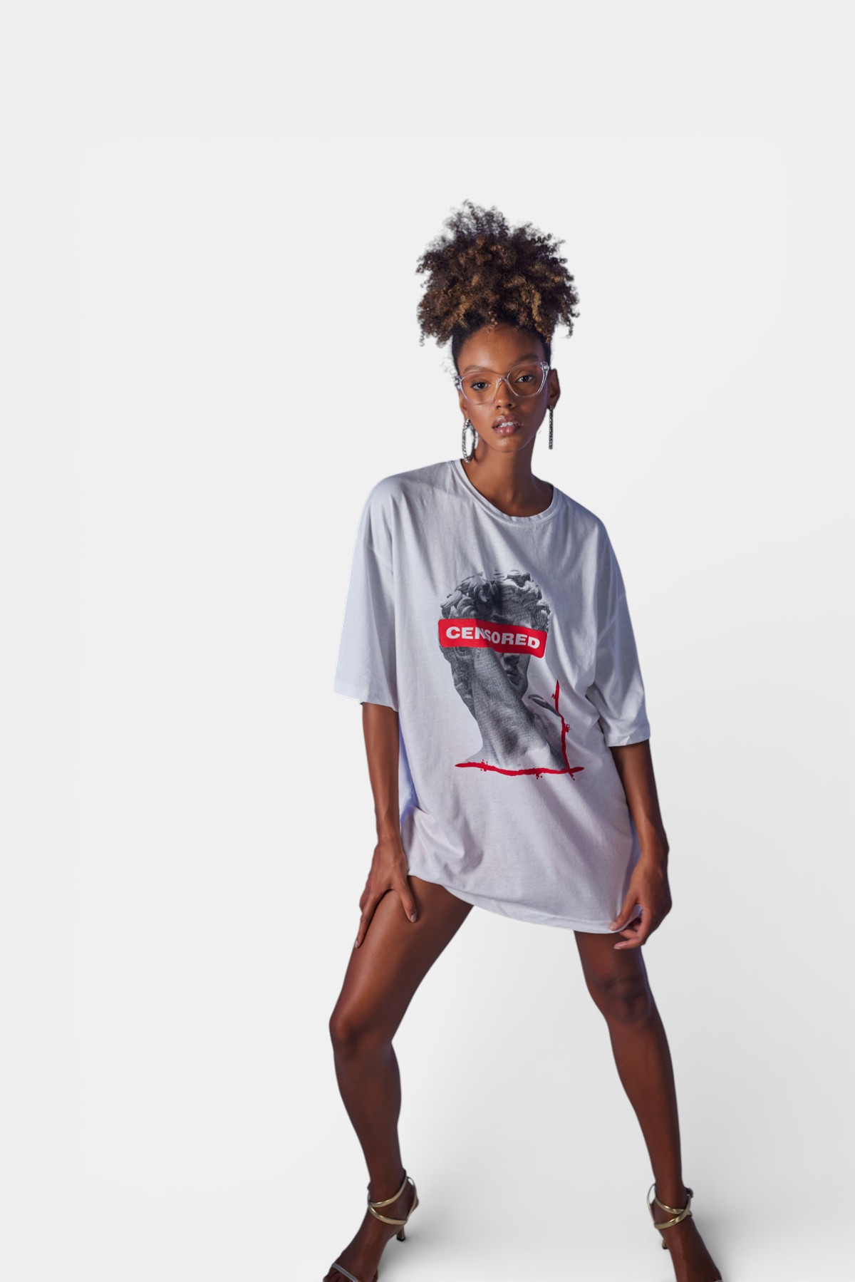 Oversize Baskılı Censored T-Shirt Beyaz