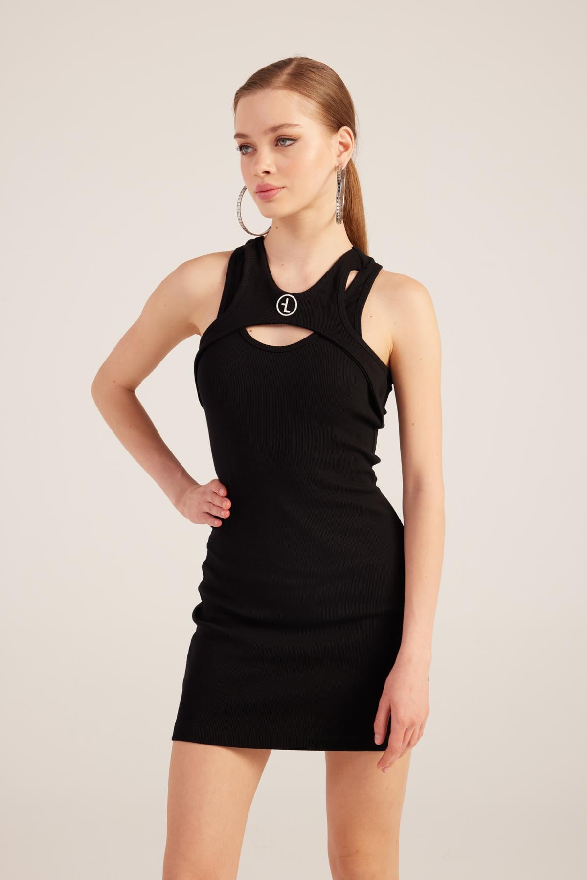 Halter Yakalı Fitilli Mini Carlin Elbise Siyah