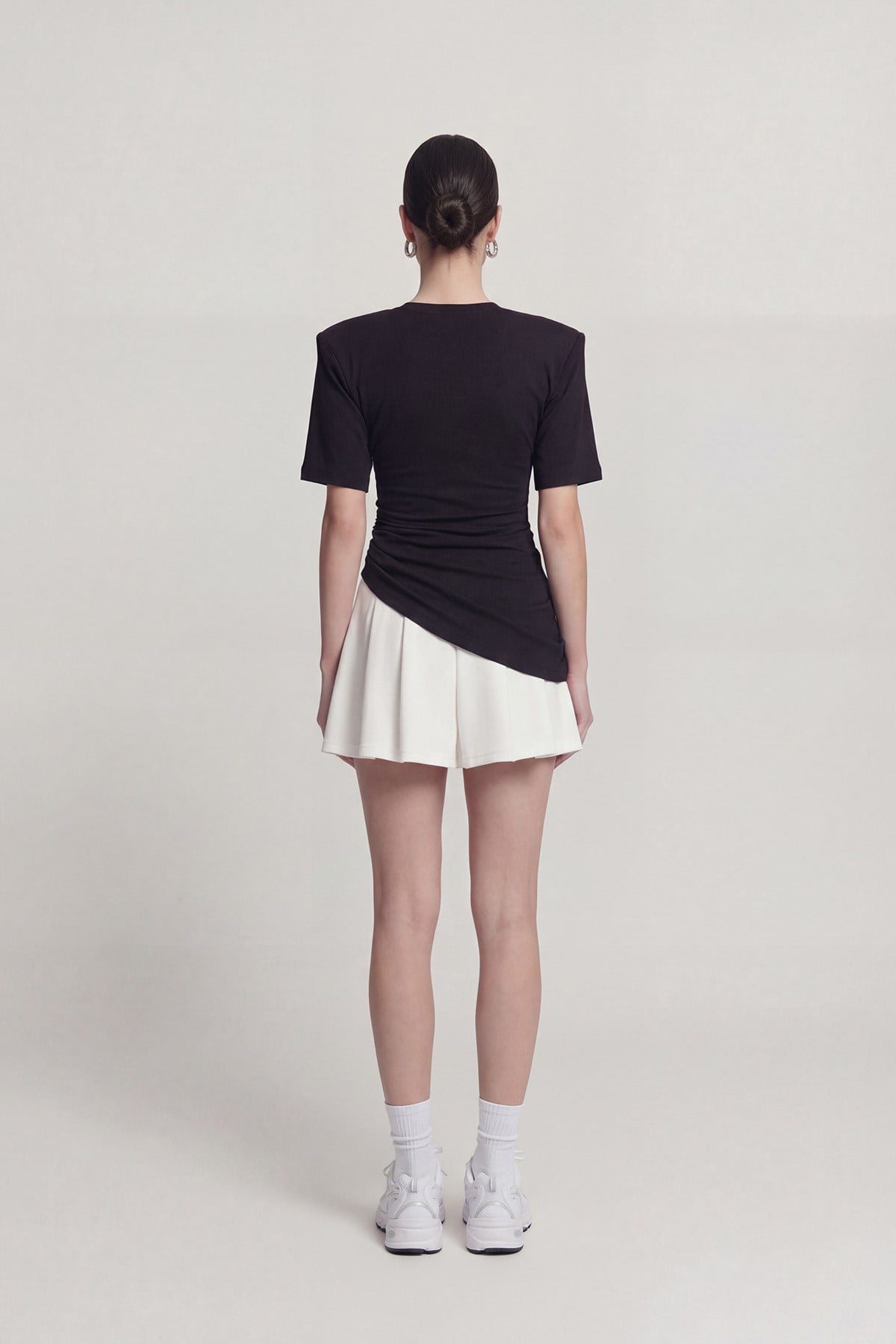 Demie T-Shirt with Gathered Detail and Padded Shoulders, Black