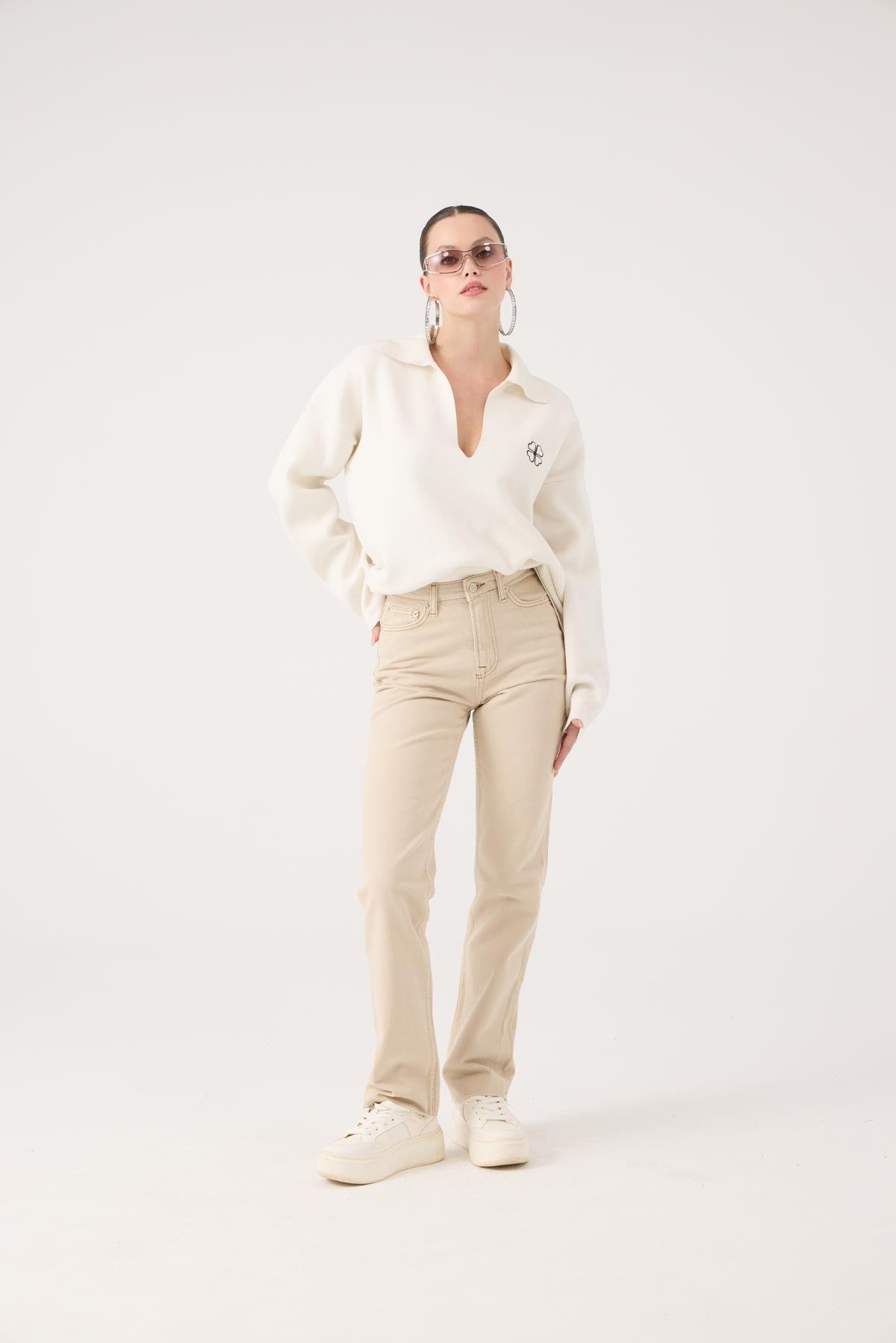 Yüksek Bel Straight Kesim Sagrado Jean Pantolon Bej