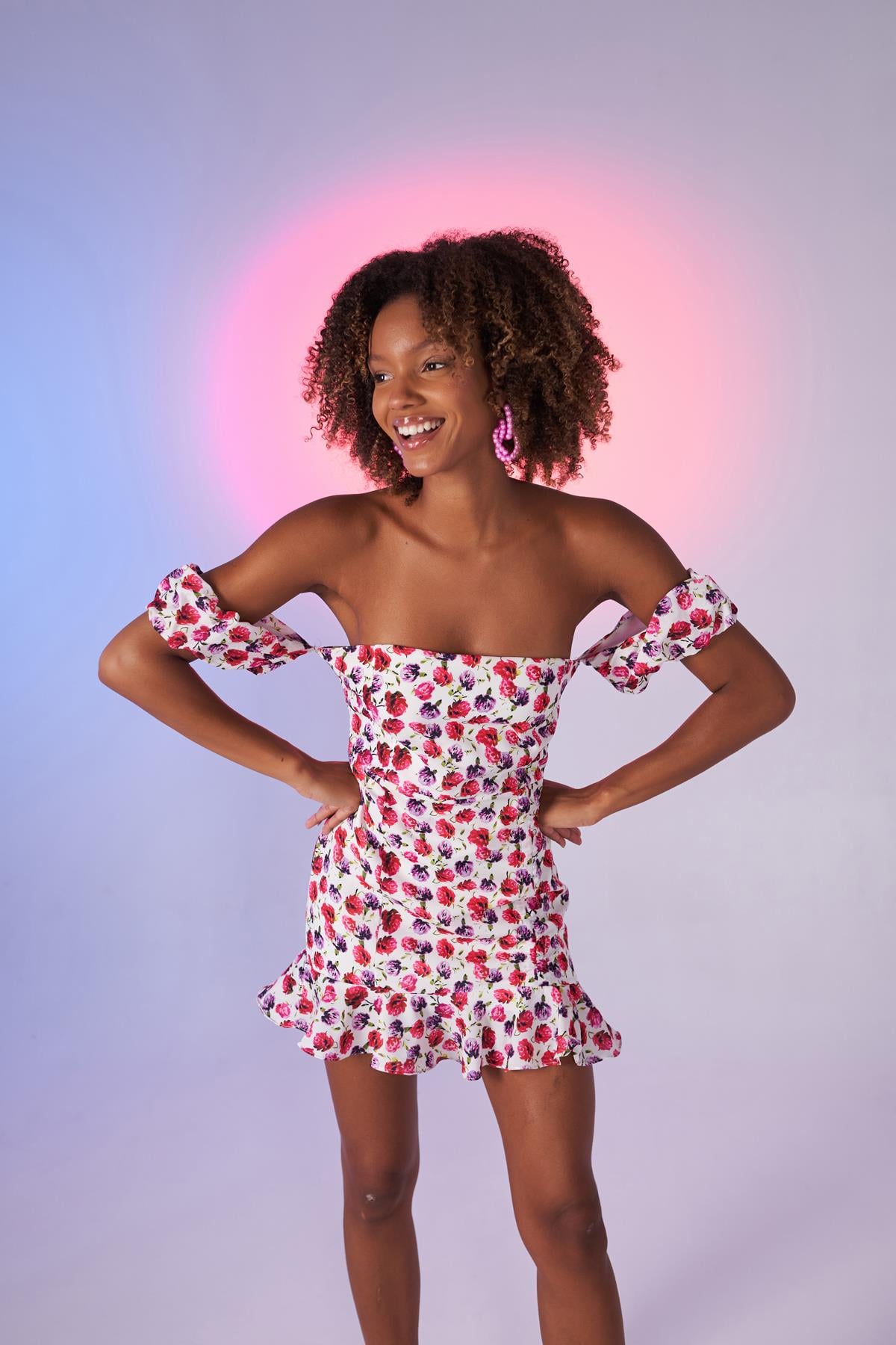 Çiçek Desenli Yazlık Mini Cassie Elbise Pembe