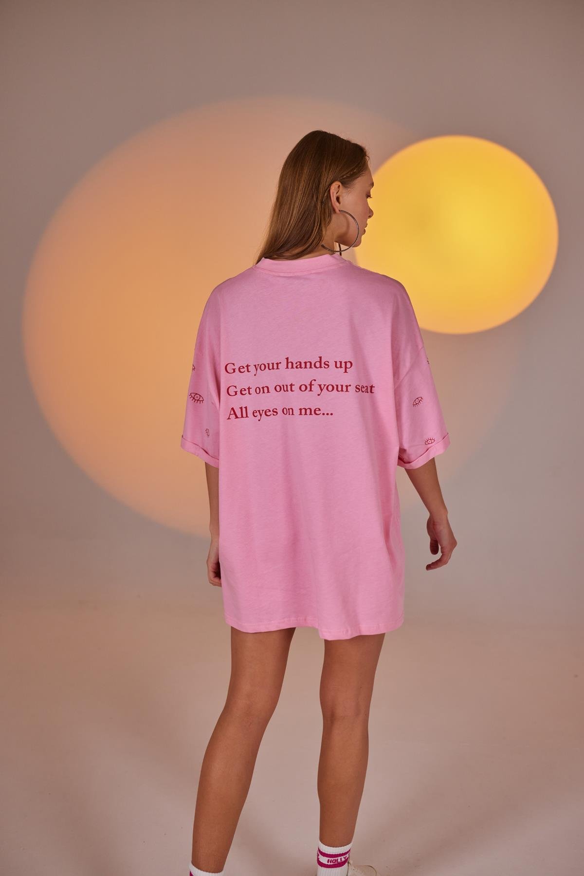 Göz Baskılı Oversize Eye Tshirt Bike Tayt Takım Pembe