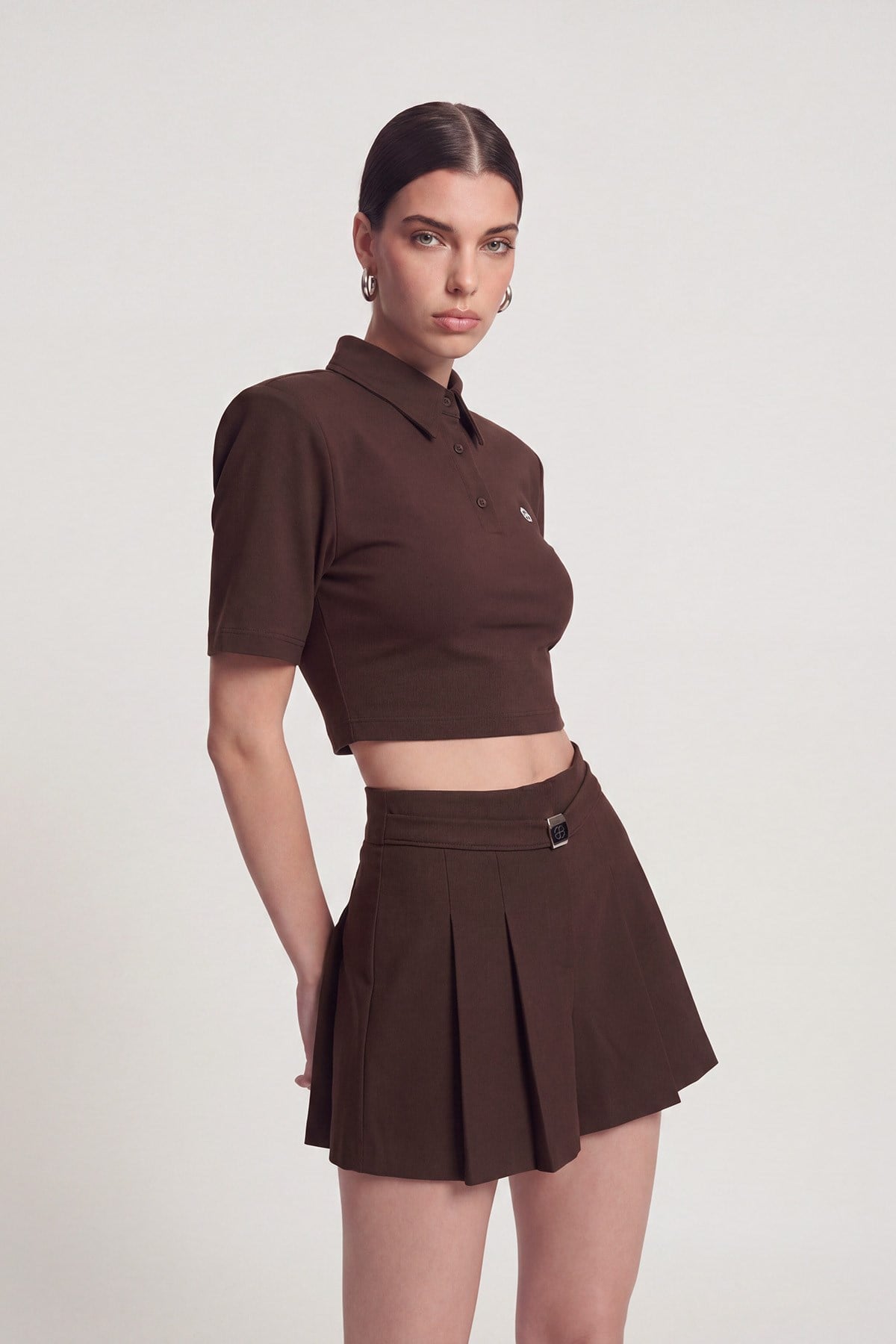 Vatkalı Polo Yaka Carolyn T-Shirt Kahve