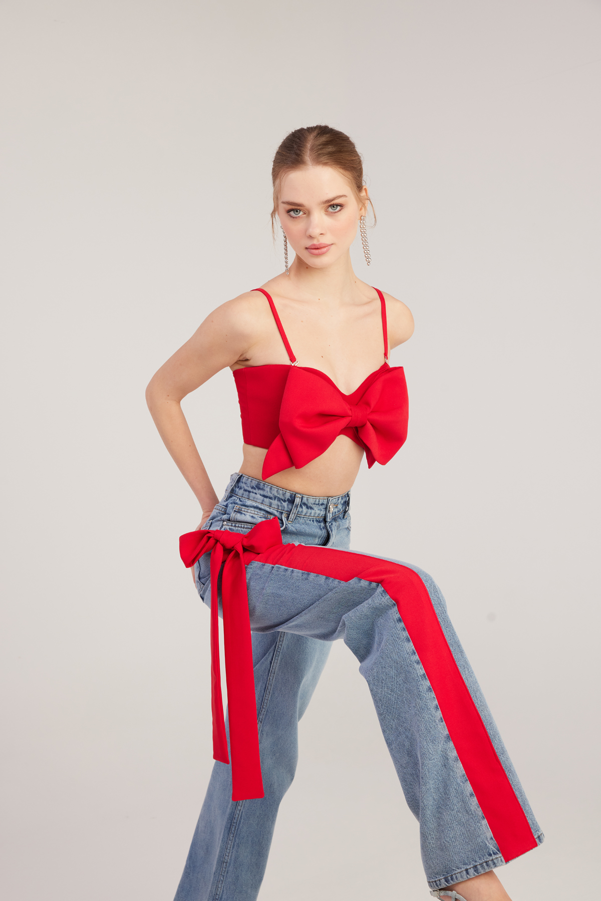 Yüksek Bel Kurdele Detaylı Wide Leg Kyla Jean Pantolon Mavi