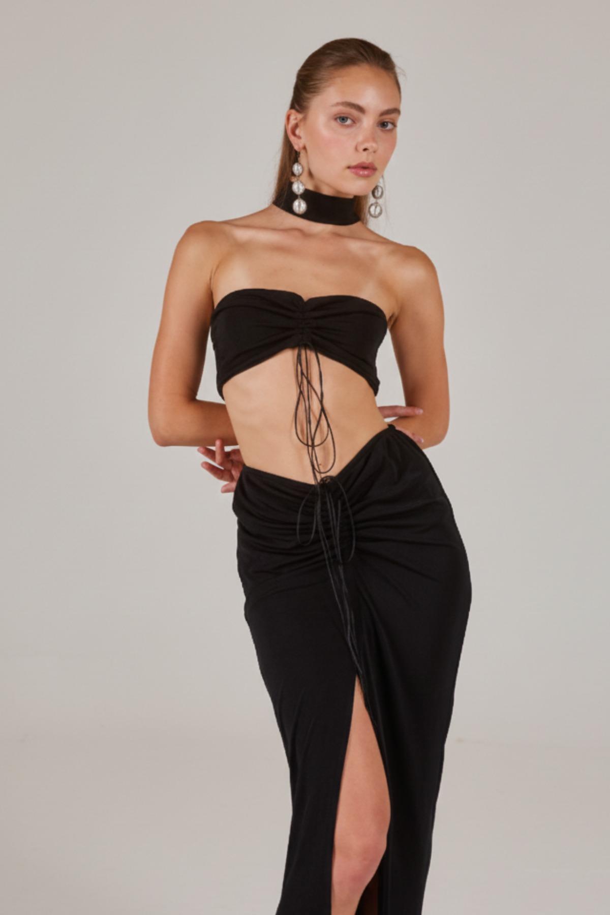 Buzzy Kumaş Yırtmaçlı Maxi Hestia Etek Siyah