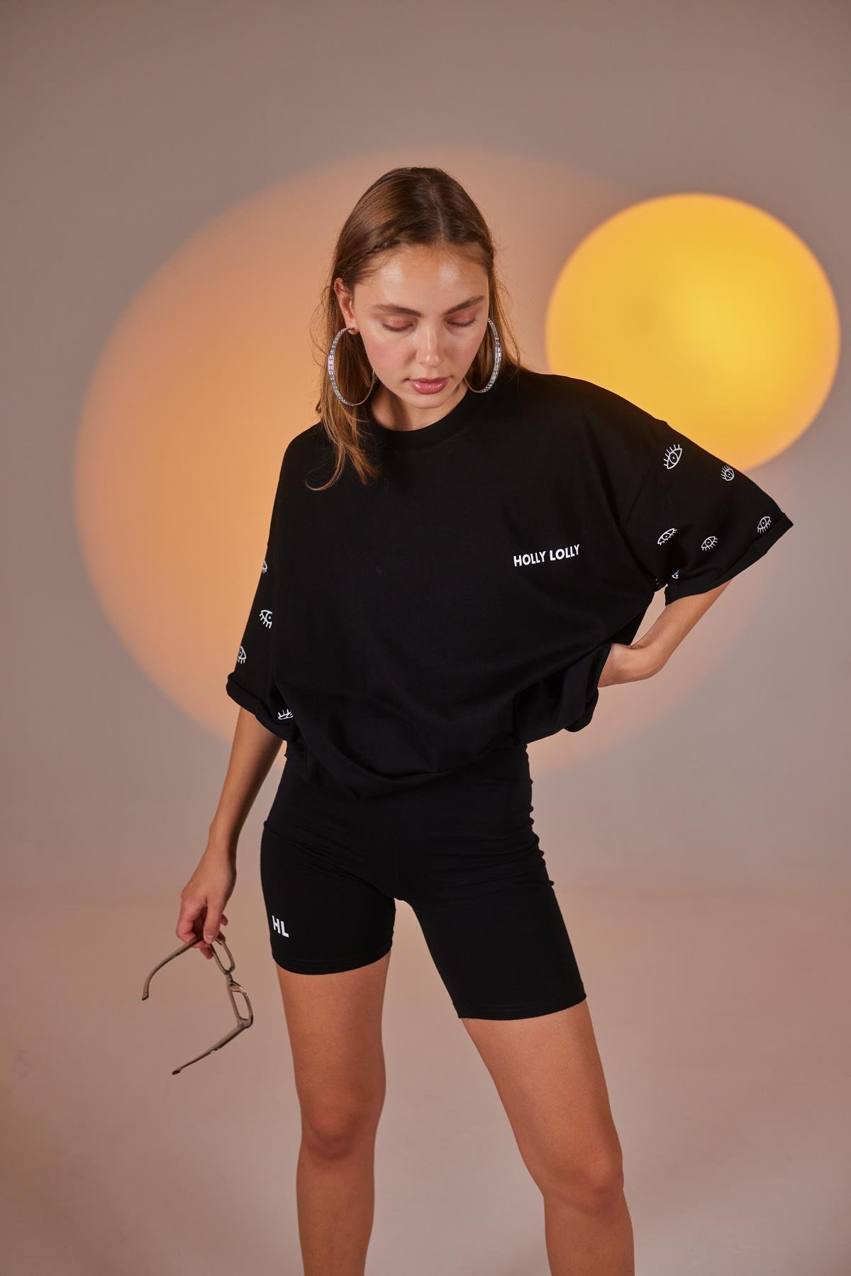 Göz Baskılı Oversize Eye Tshirt Bike Tayt Takım Siyah