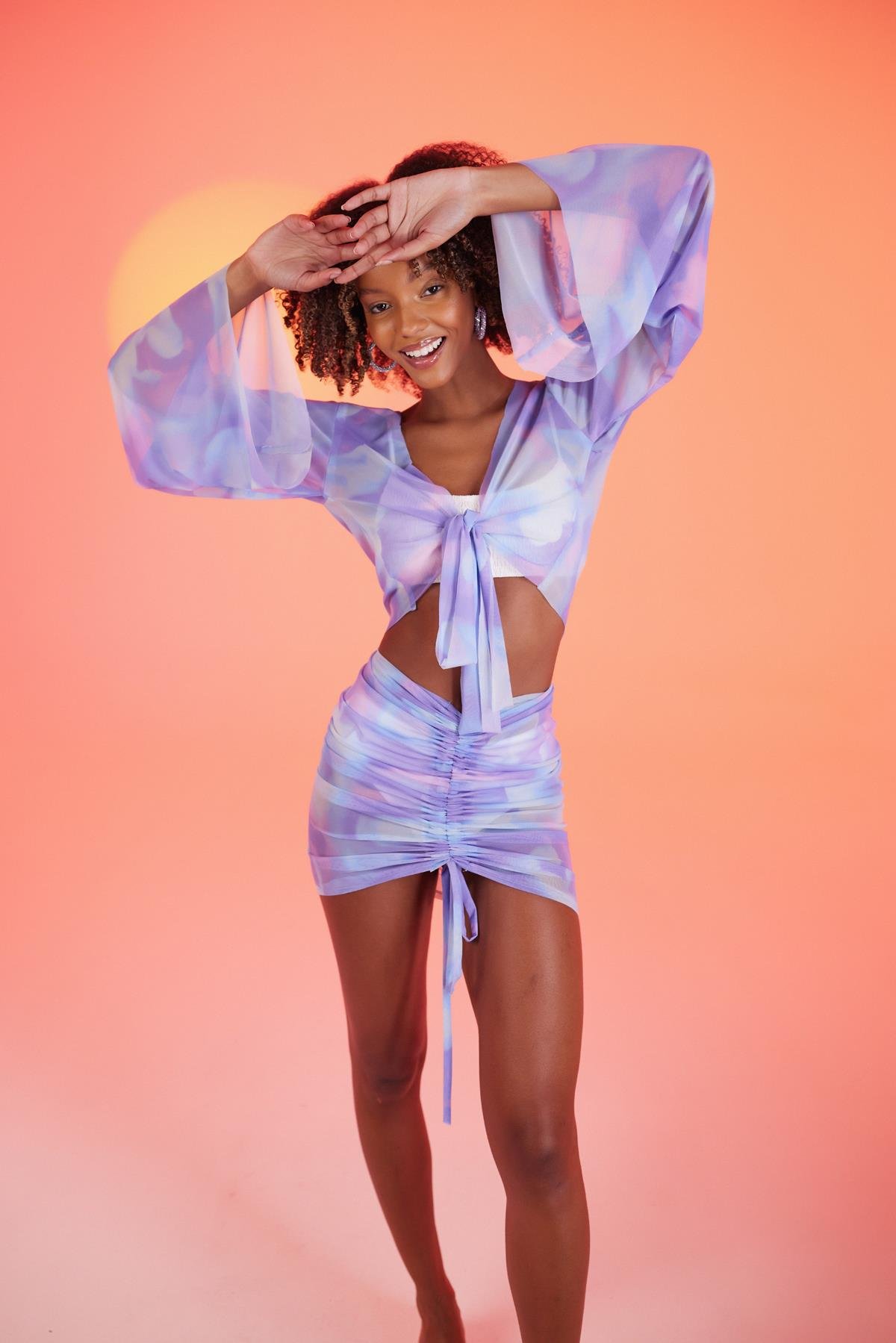 Eteği Büzgülü Desenli Tül Bonita Pareo Takım Lila