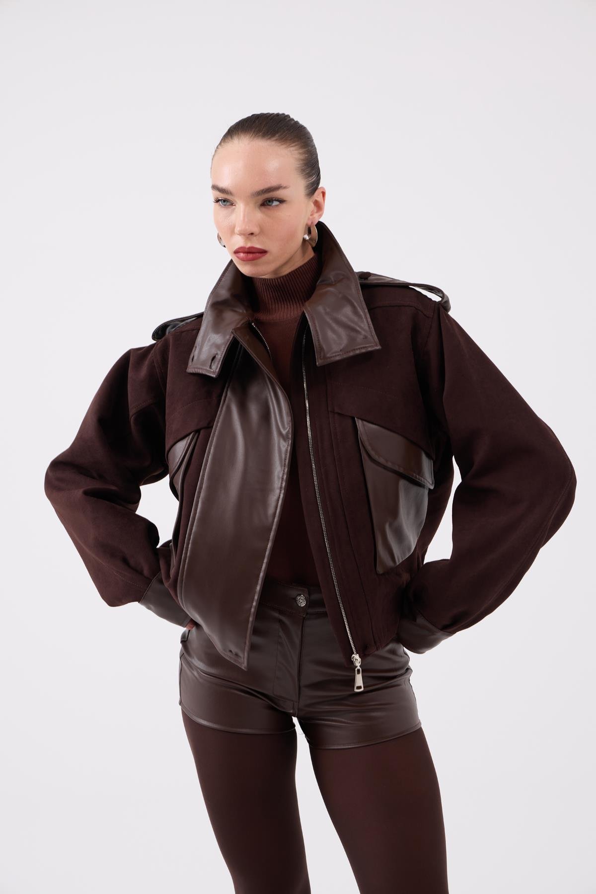 High Waist Mini Meghan Leather Shorts Brown