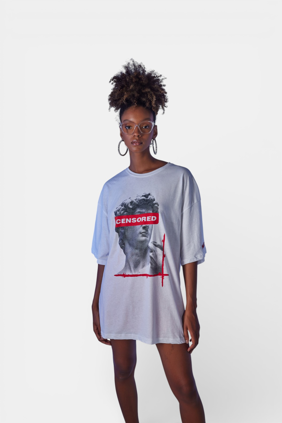Oversize Baskılı Censored T-Shirt Beyaz