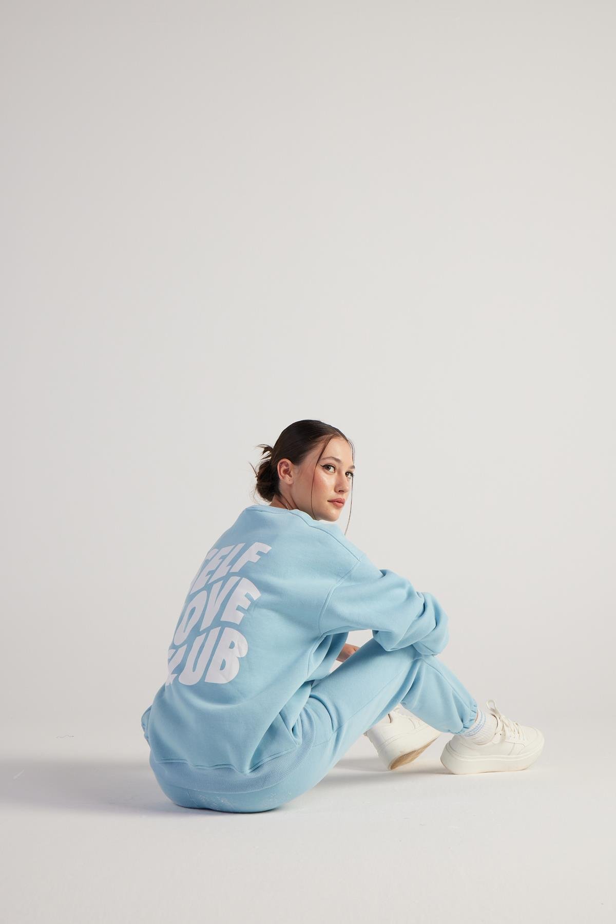 Kadın Mavi Oversize Şardonlu Yazı Baskılı Fluffy Sweatshirt