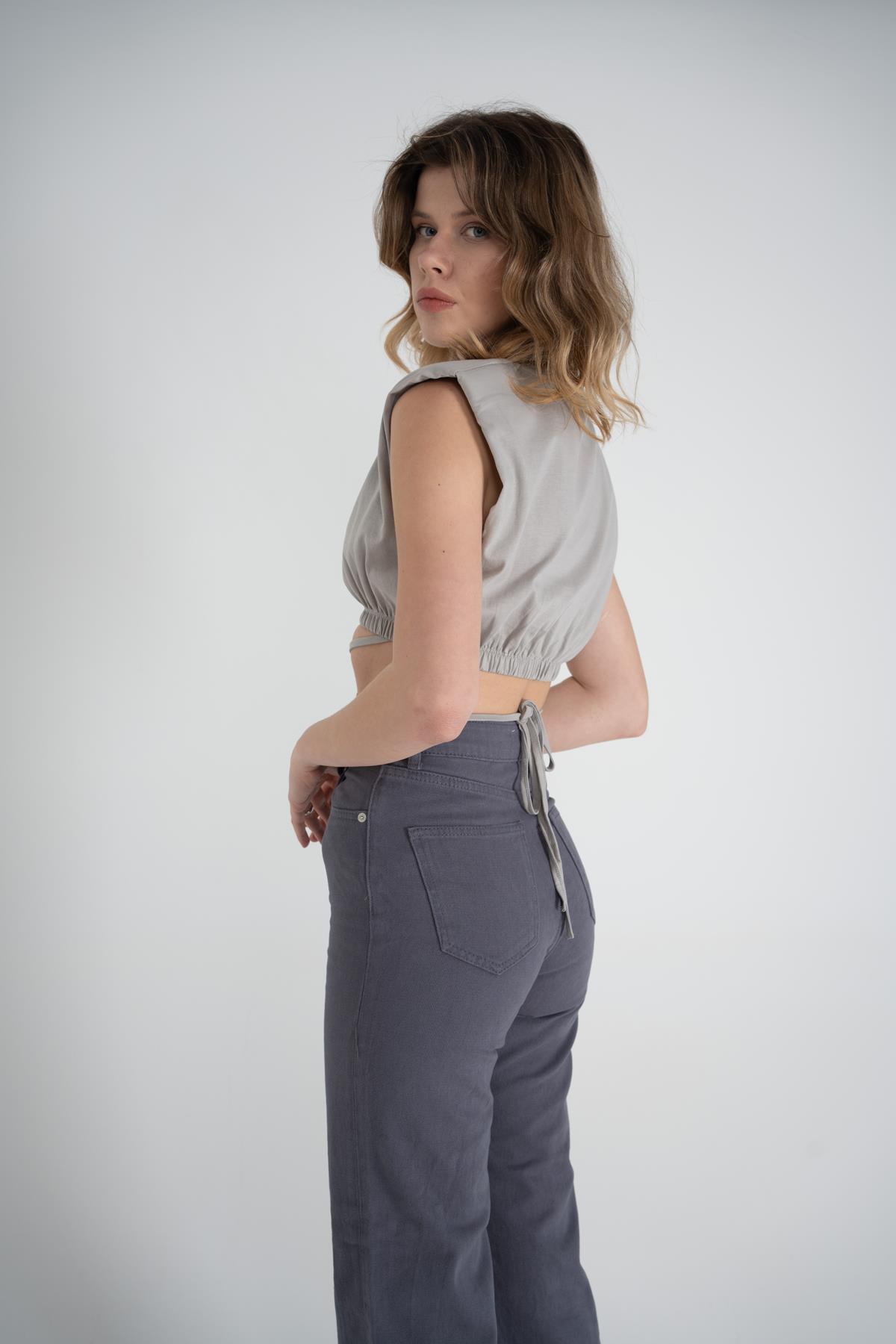 Bel Bağlamalı Crop Candy Tshirt Gri