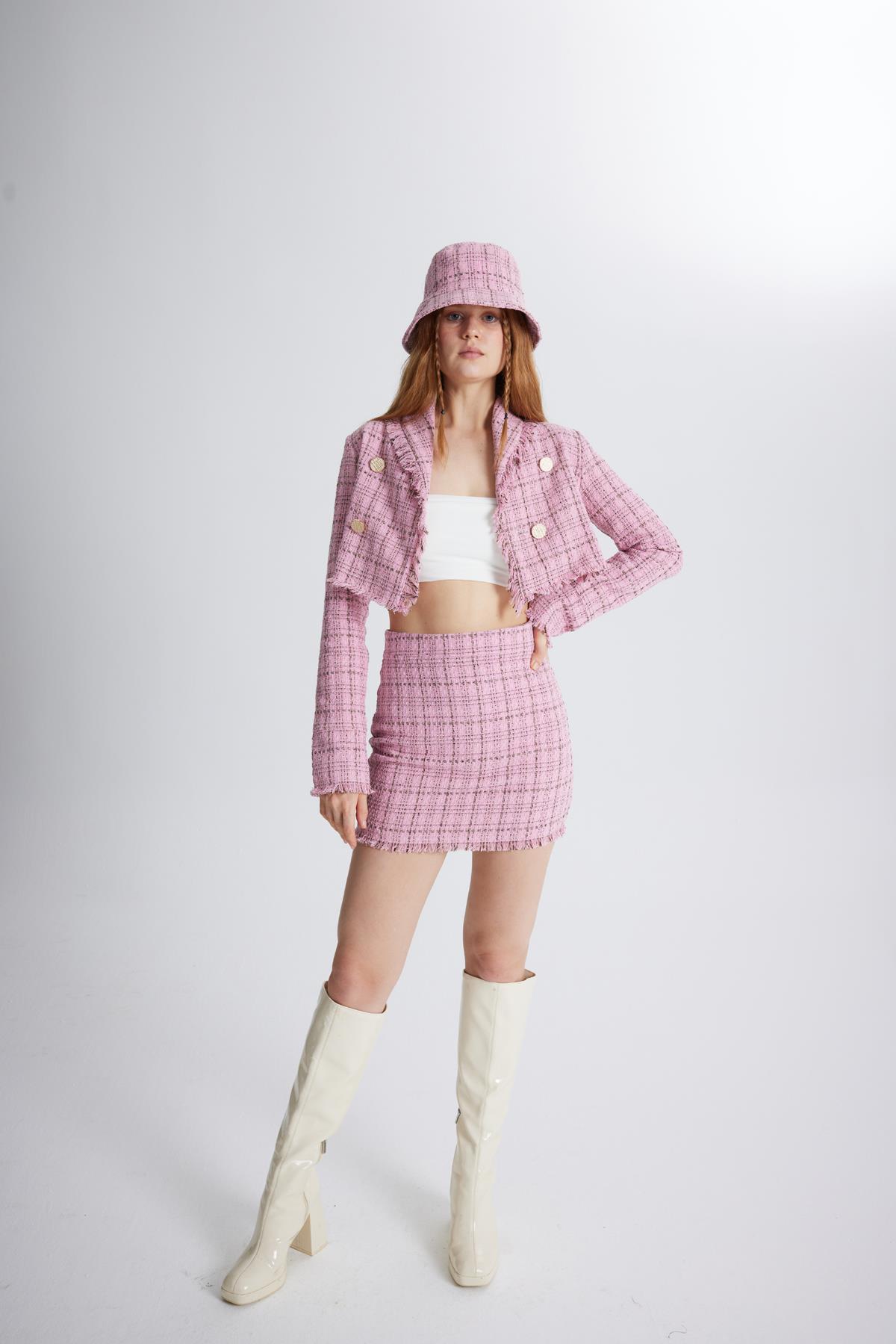 Tüvit Kumaş Crop Tweed Ceket Pembe