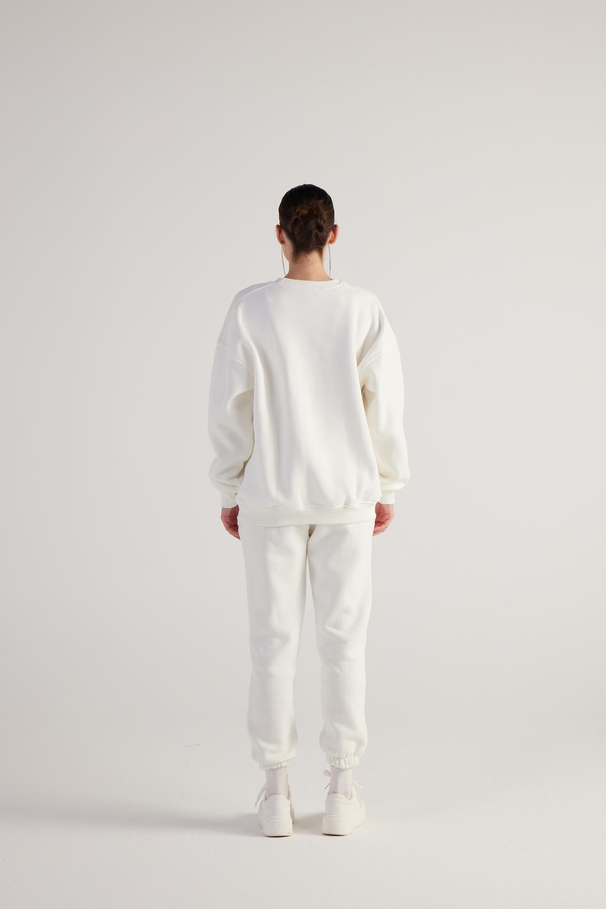 3 İplik Şardonlu Uzun Kol Bisiklet Yaka Fine Sweatshirt Ekru
