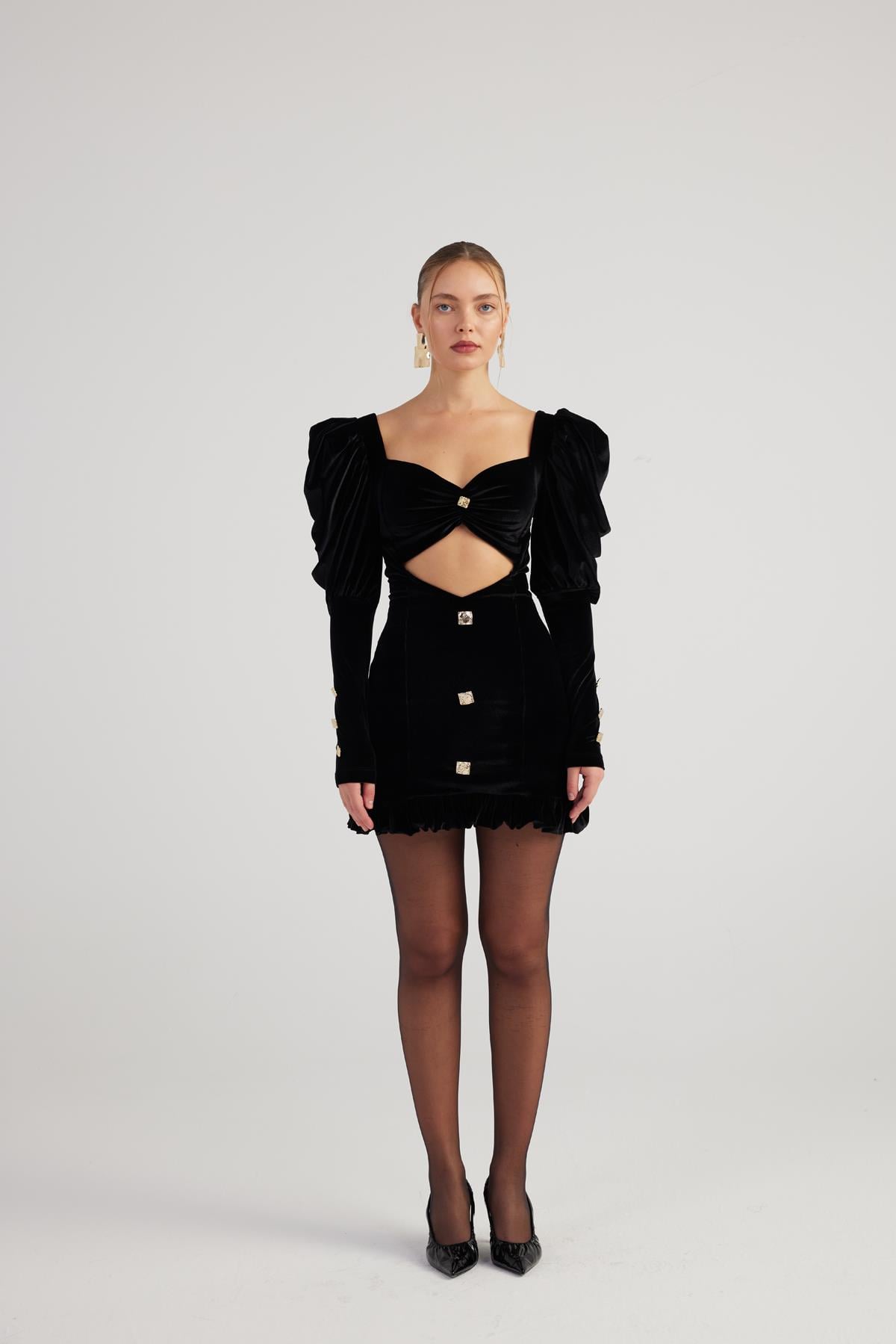 Karpuz Kol Kadife Kumaş Mini Raquel Elbise Siyah