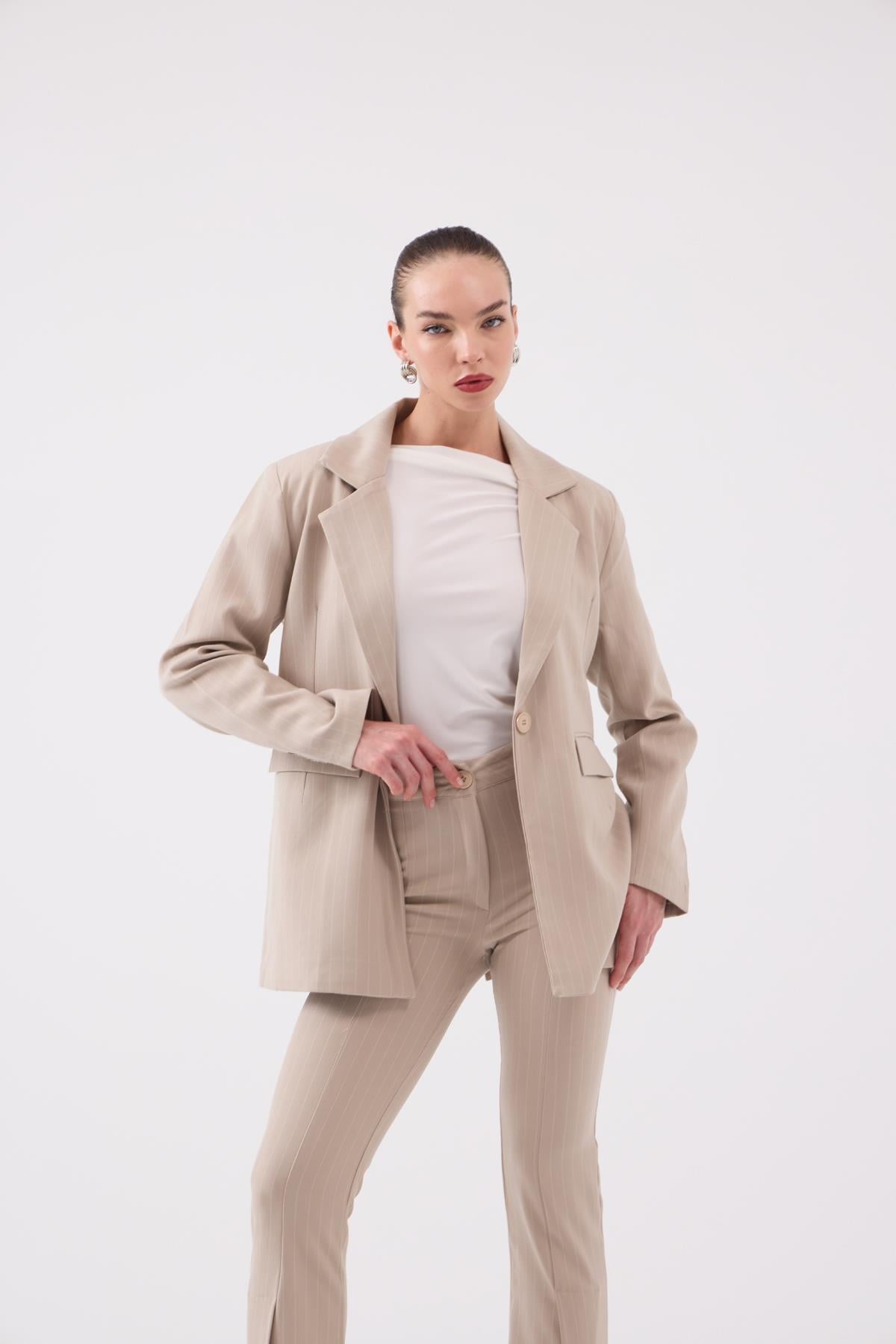 Vatkalı Astarlı Blazer Striped Blazer Ceket Bej