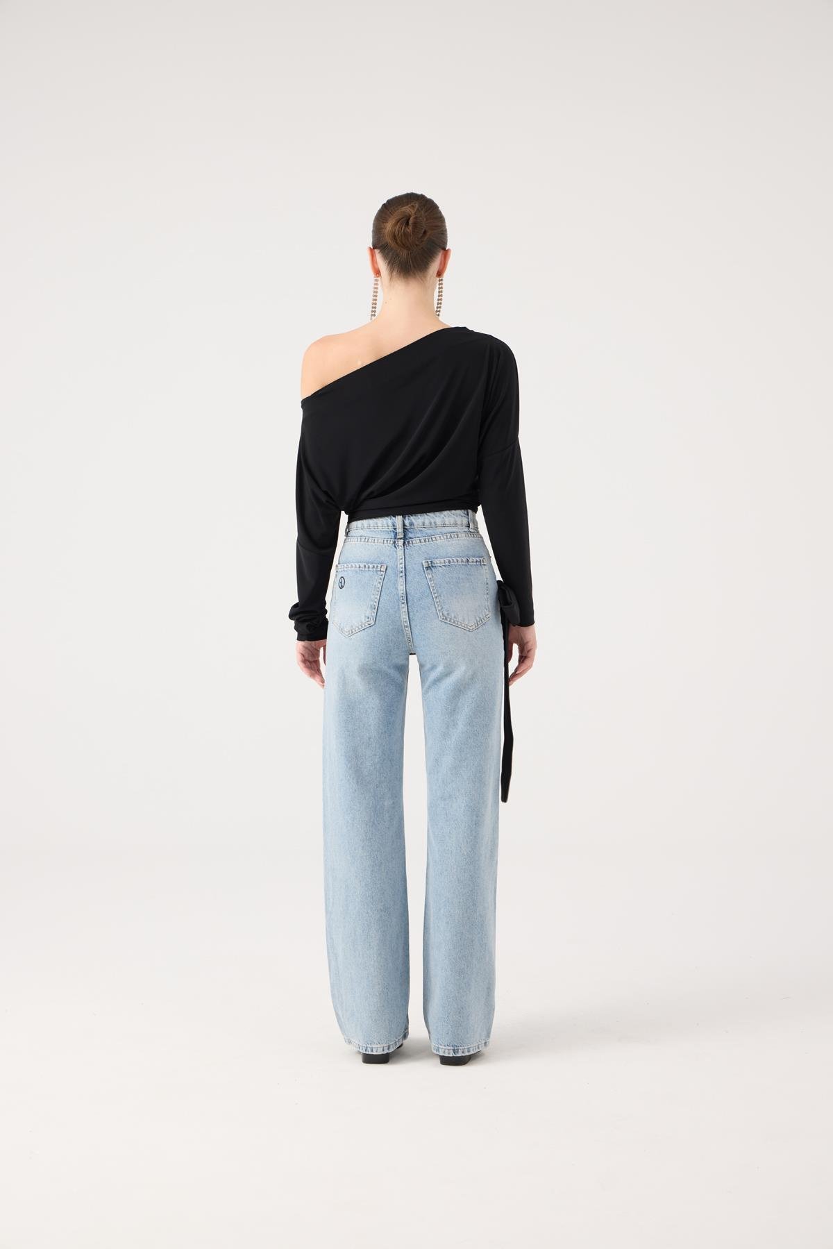 Yüksek Bel Kurdele Detaylı Wide Leg Kyla Jean Pantolon Siyah