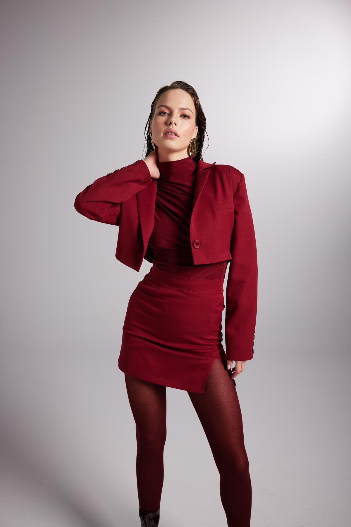 Yırtmaçlı Mini Panky Etek Bordo