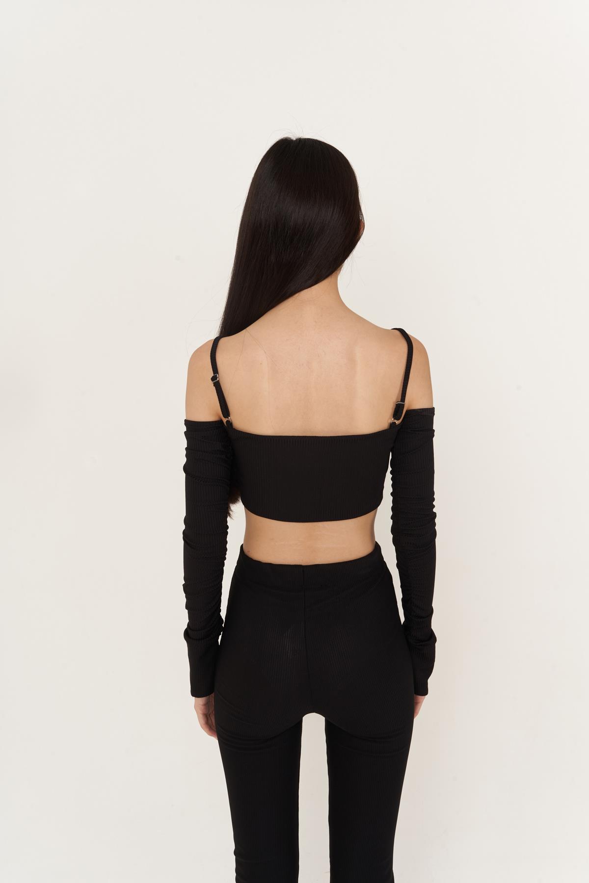 Crop Model Askılı Uzun Kol Molly Bluz Siyah