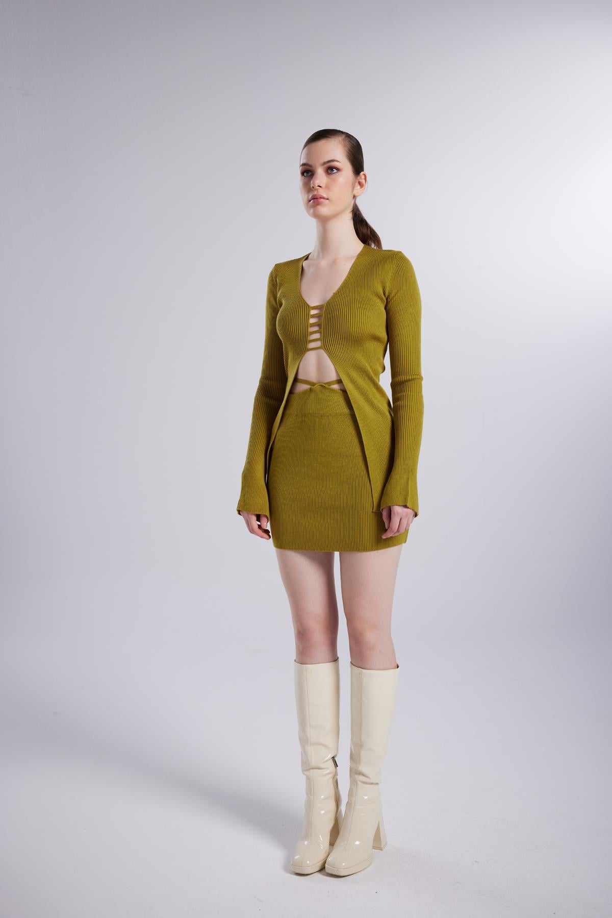 İspanyol Kollu İp Detaylı Fels Triko Hırka Yeşil