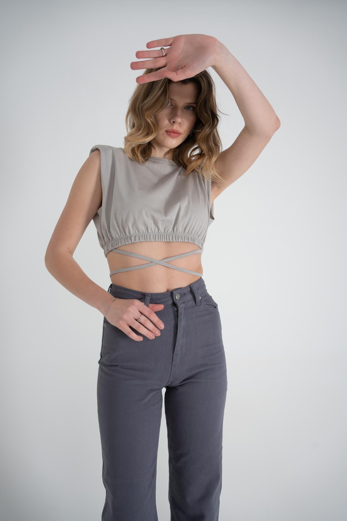 Bel Bağlamalı Crop Candy Tshirt Gri