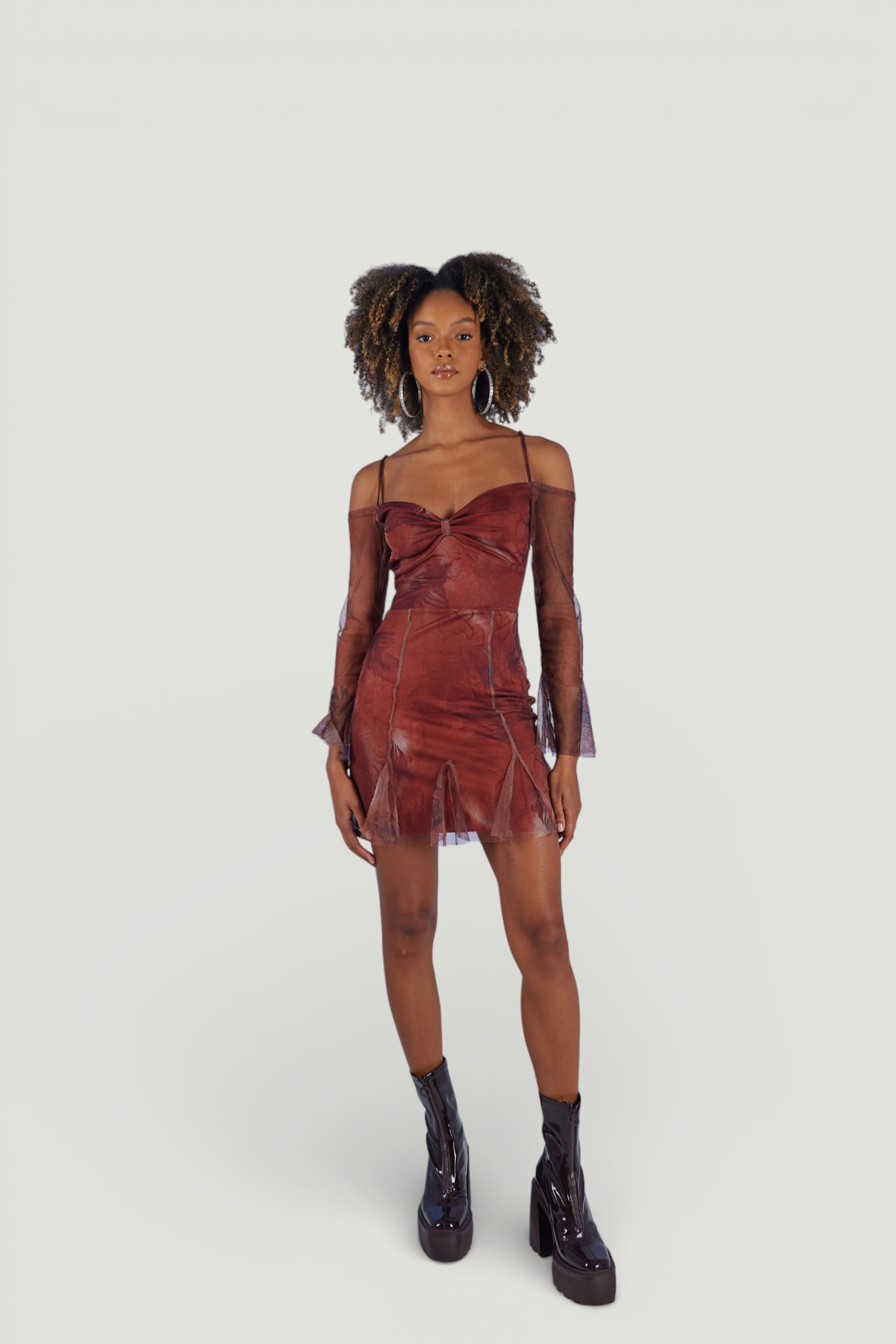 Mini Boy Askılı Tül Kol Rusty Elbise Kahve