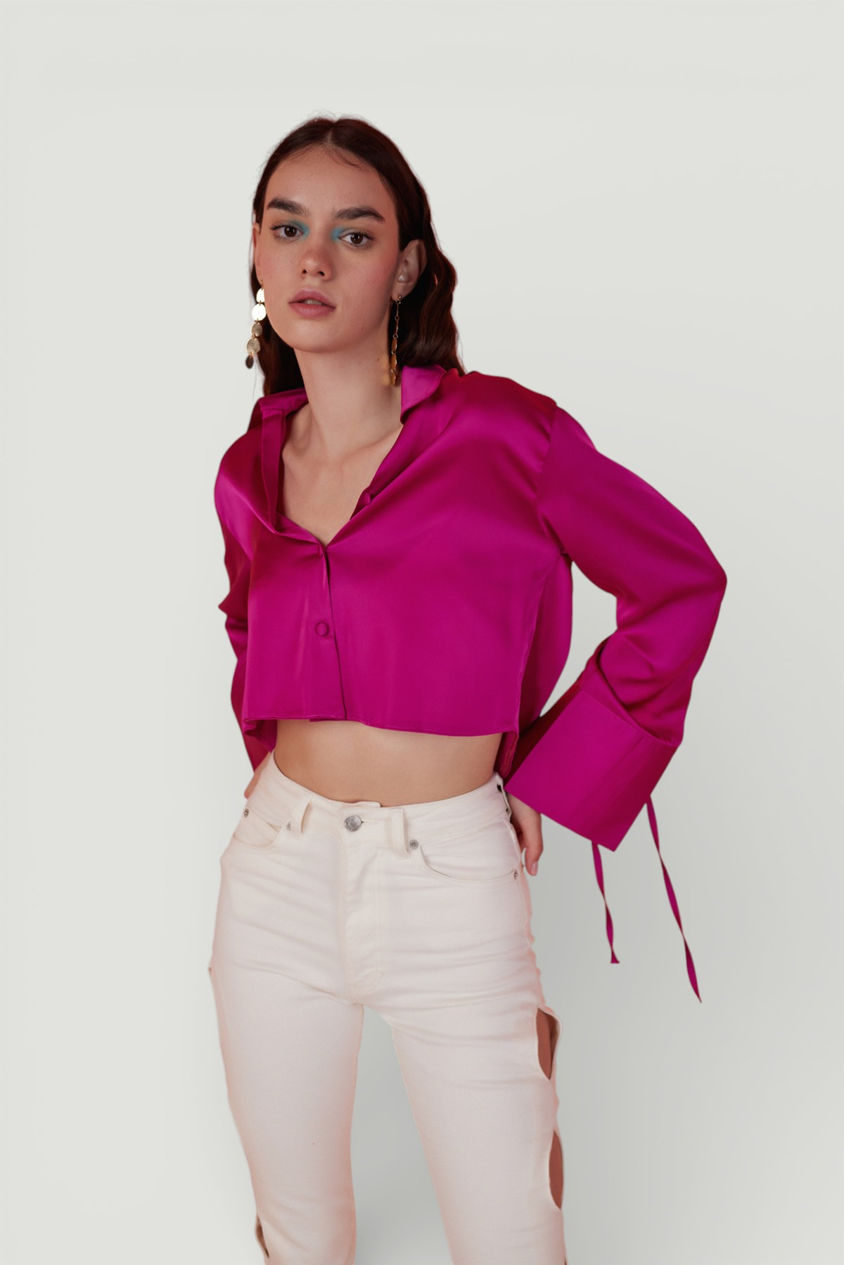 Özel Dokulu Saten Crop Silky Gömlek Pembe