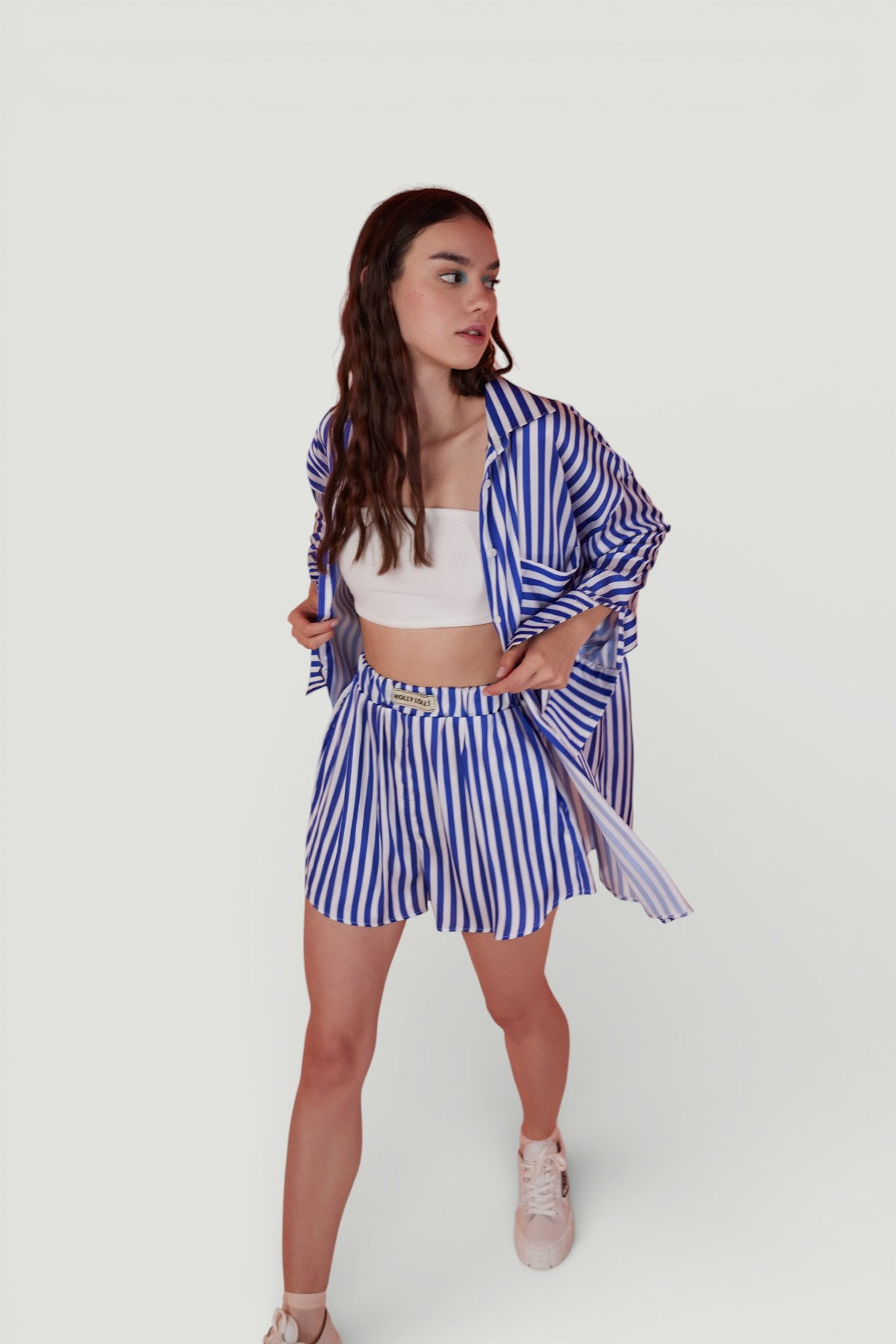 Yumuşak Dokulu Çizgili Saten Mini Mellow Şort Lacivert