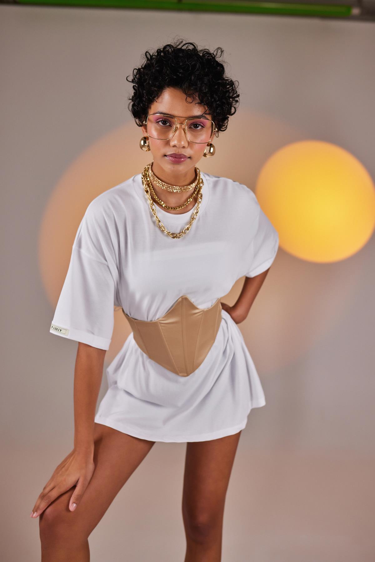 Arkası Gipeli Satin Korse Bej