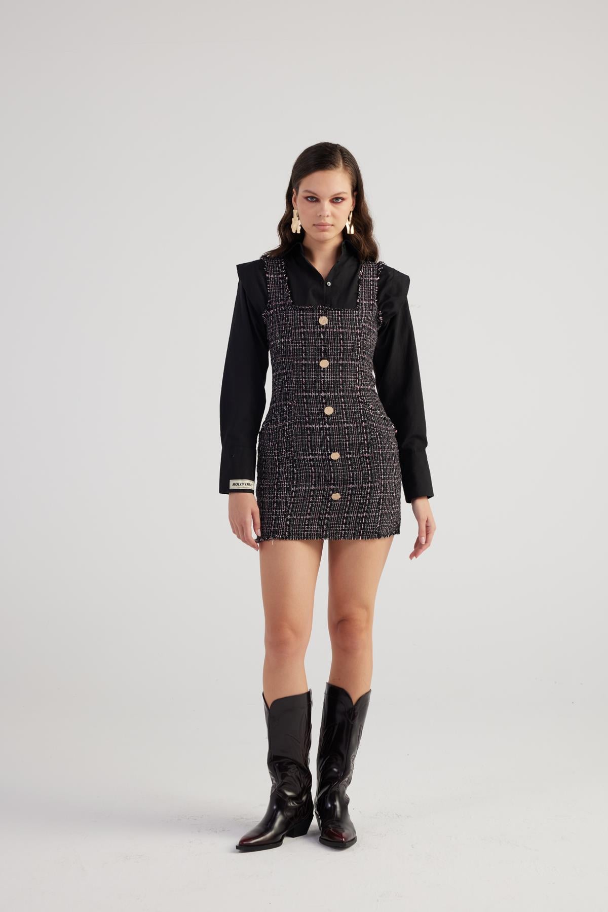 Metal Düğme Detaylı Mini Tweed Elbise Siyah