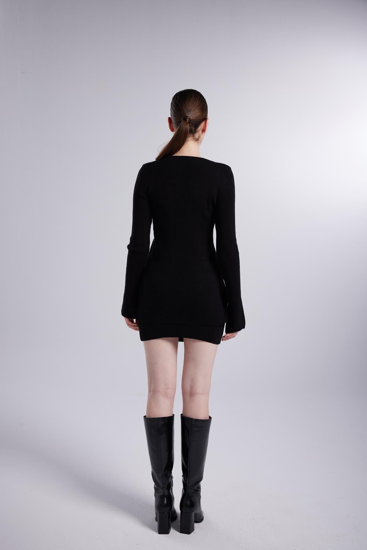 İspanyol Kollu İp Detaylı Fels Triko Hırka Siyah