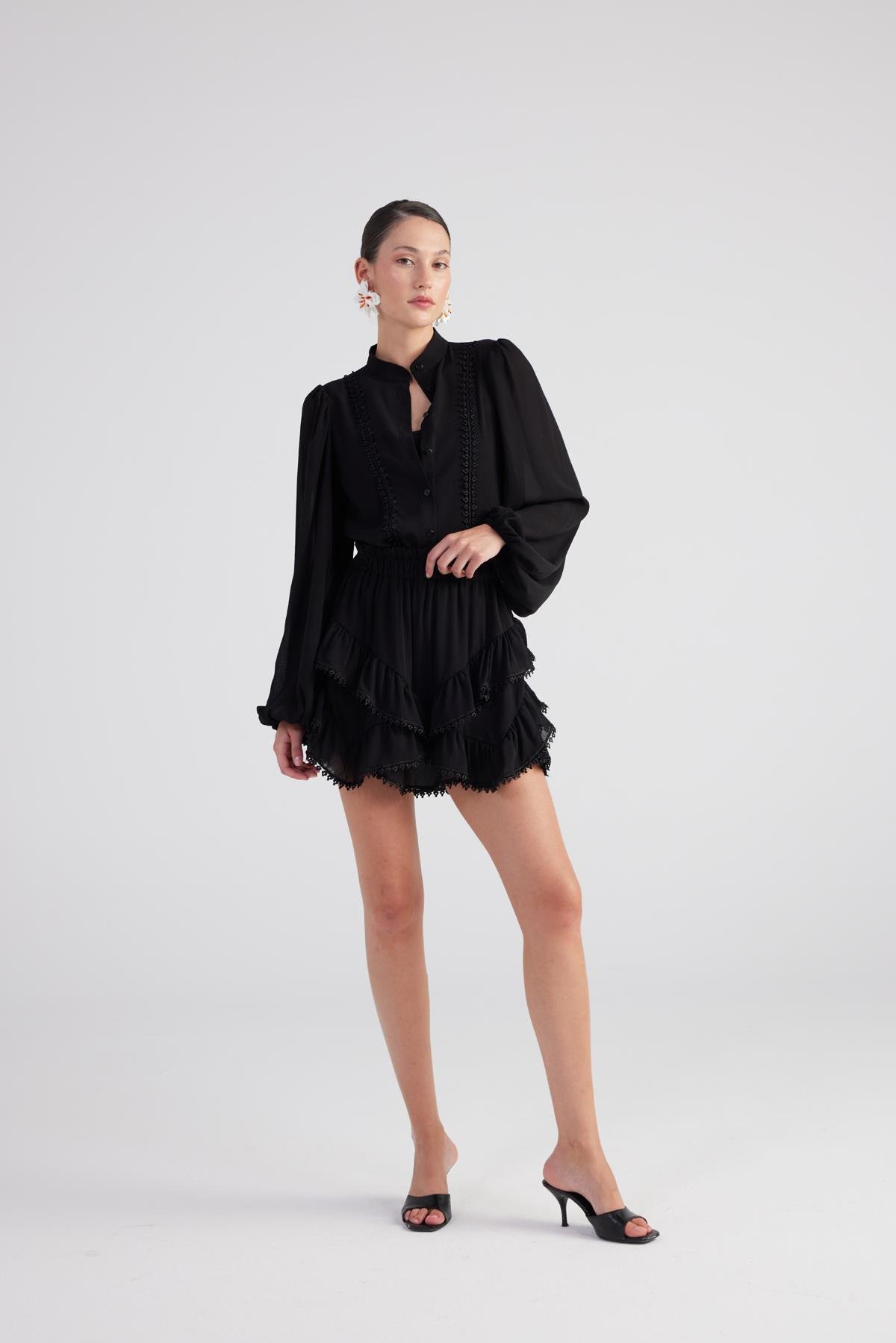 Brode Detaylı Asimetrik Kesim Astarlı Mini Pixie Etek Siyah