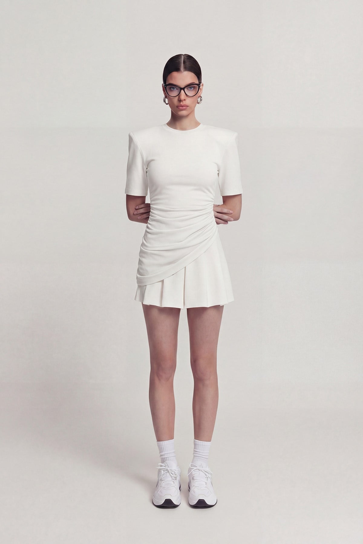 Demie T-Shirt with Gathered Detail and Padded Shoulders, White