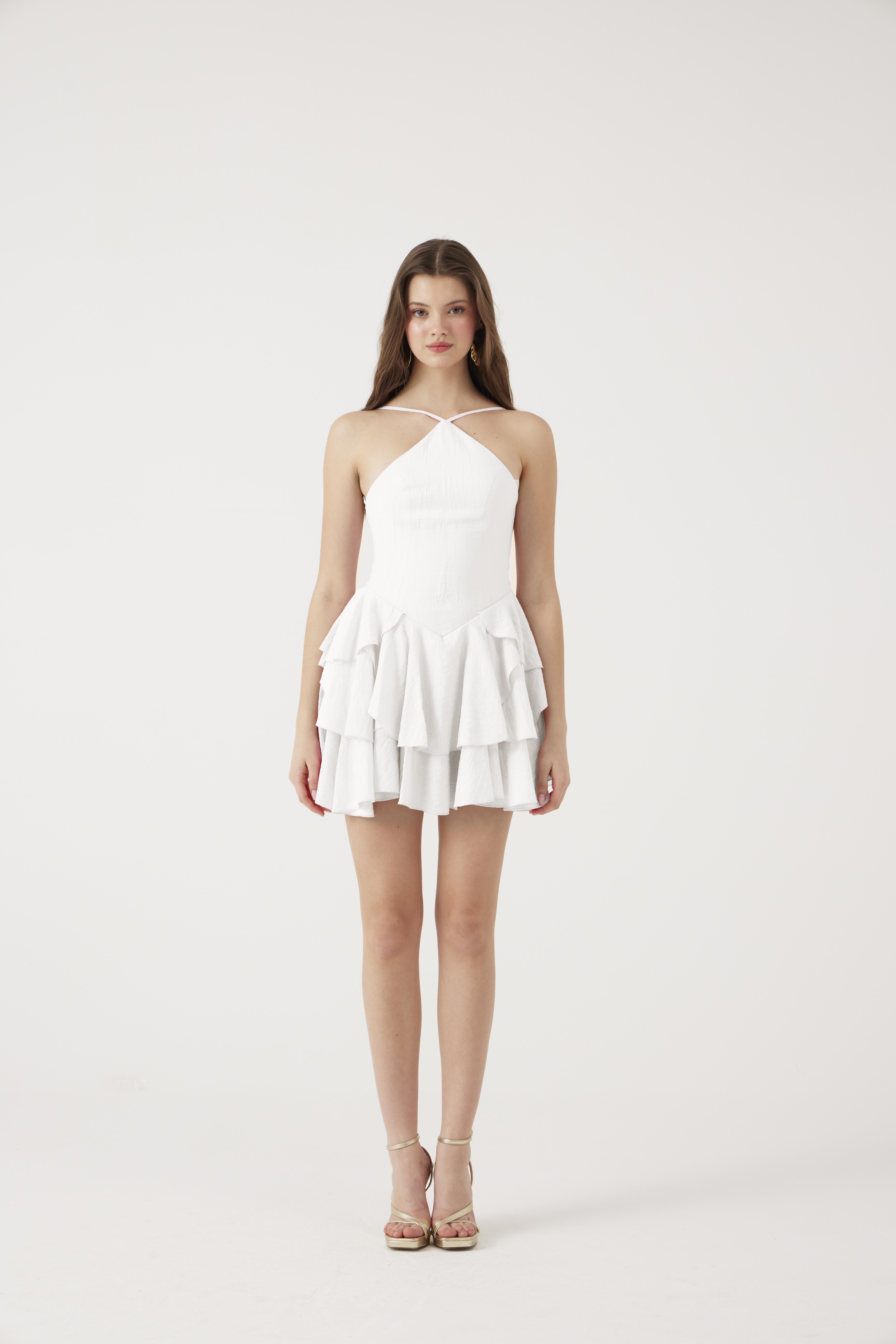 Fırfırlı Halter Yaka Mini Keira Elbise Beyaz