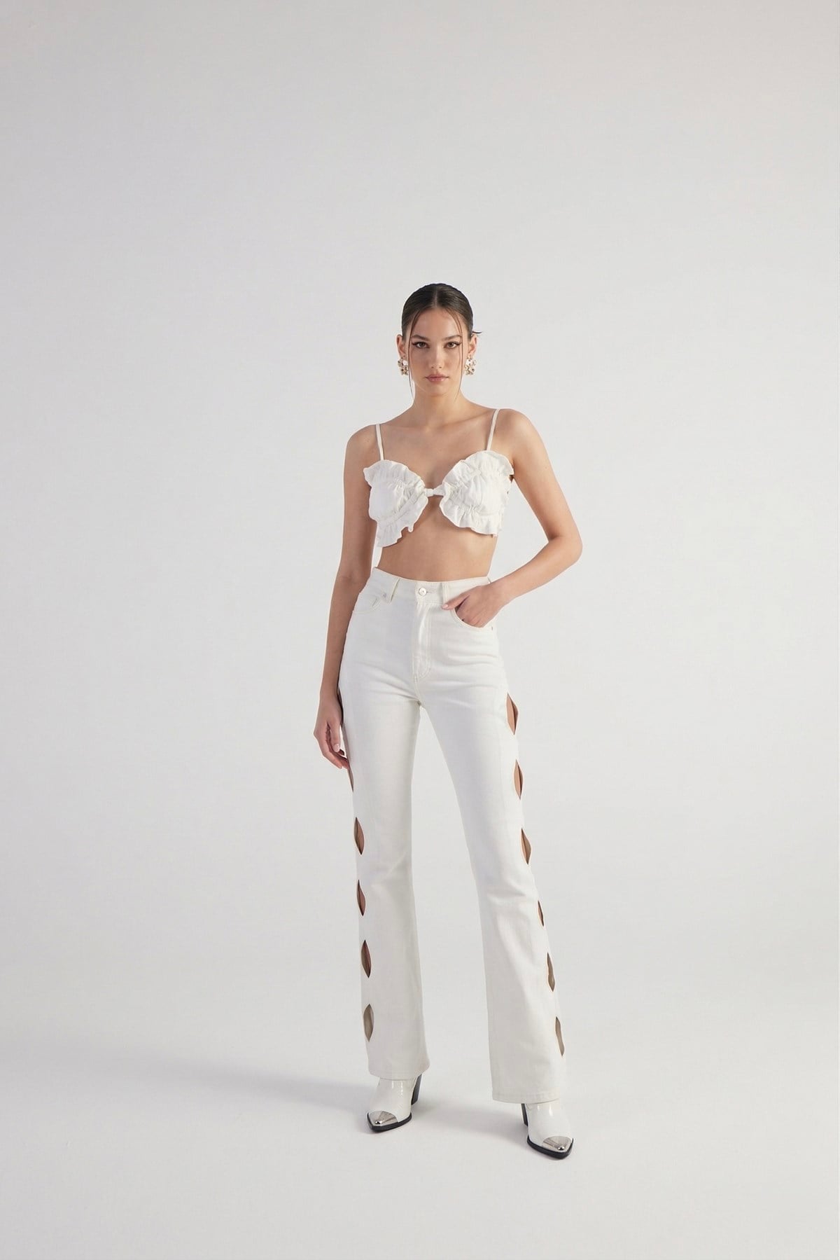 Cutout Jean Pantolon Beyaz