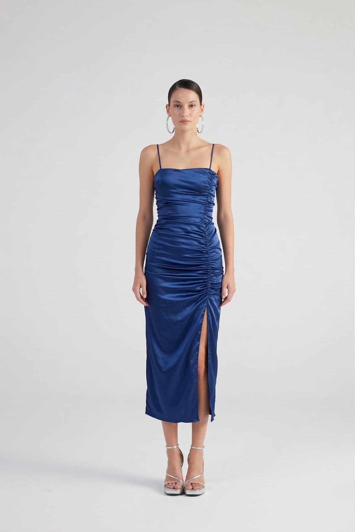 Yırtmaçlı Astarlı Saten Dipsy Elbise Mavi
