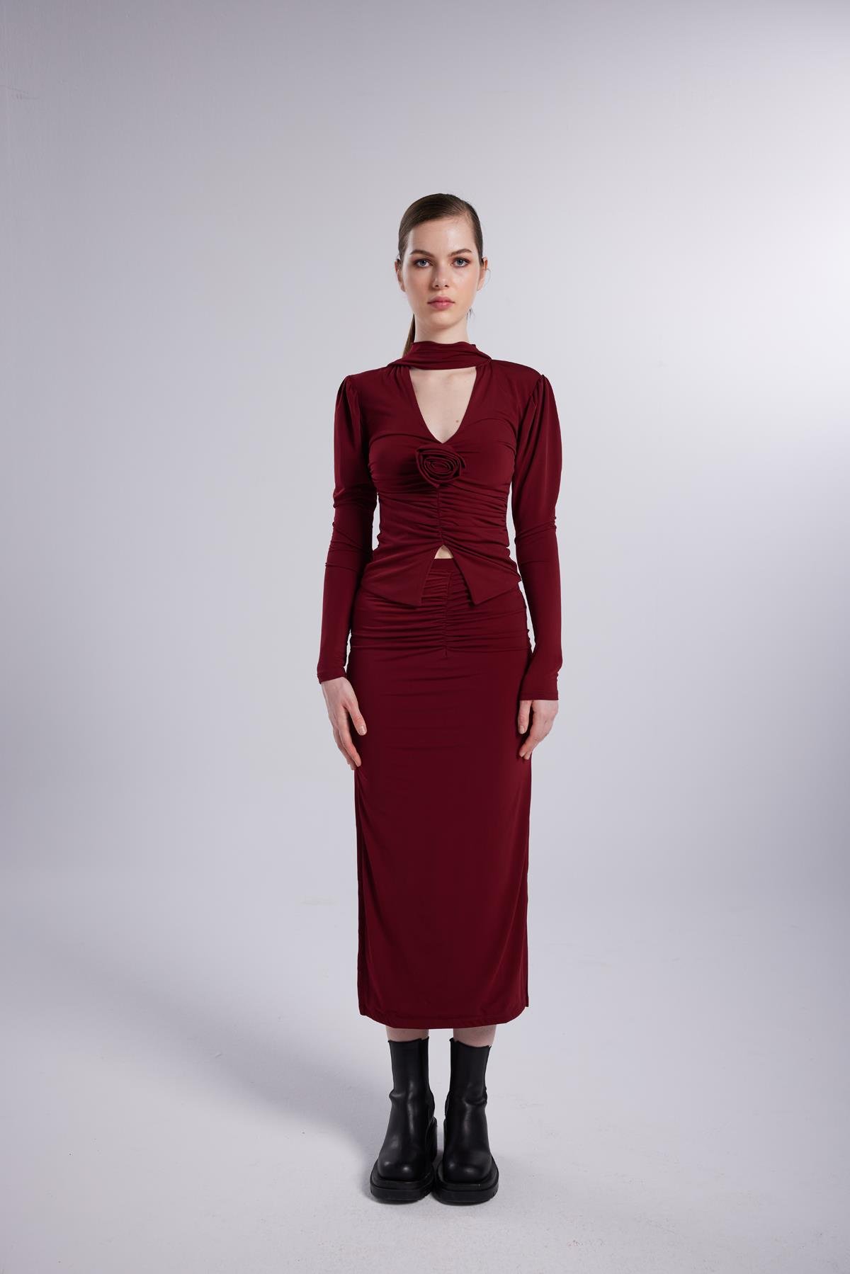 Şal Yaka Detaylı Serre Bluz Bordo