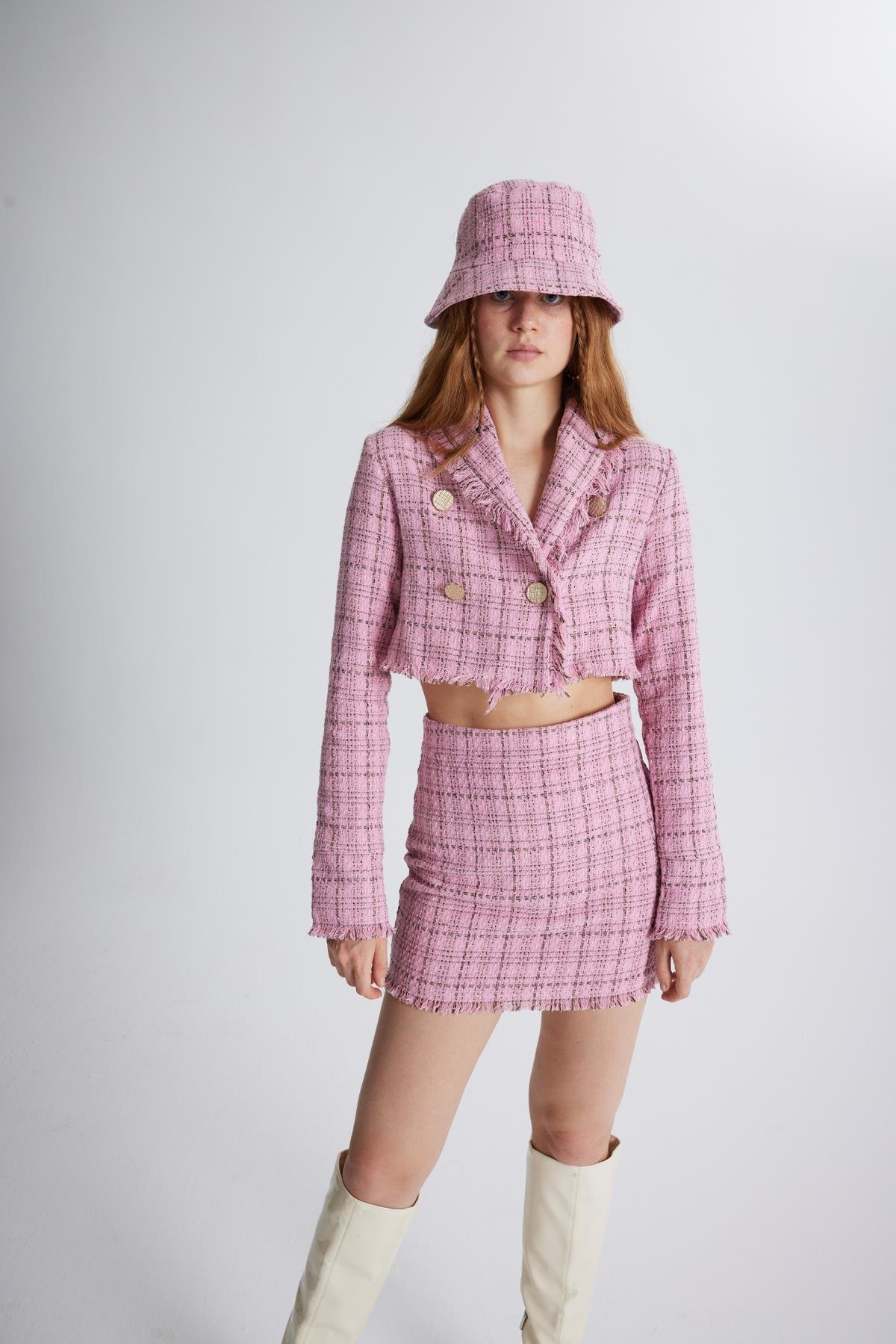 Tüvit Kumaş Crop Tweed Ceket Pembe