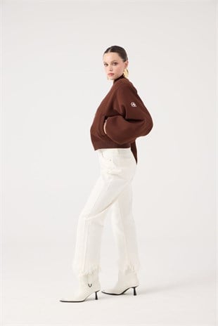 Yüksek Bel, Düğme Kapamalı, Paça Fermuar Detaylı Swan Jean Pantolon Beyaz