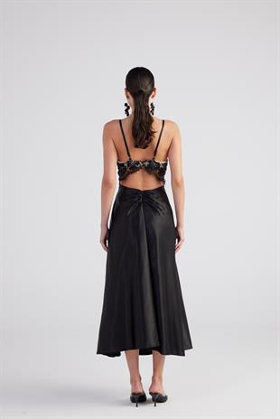 Dantel Detaylı Sırt Dekolteli Uzun Saten Thaliia Elbise Siyah