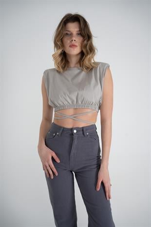 Bel Bağlamalı Crop Candy Tshirt Gri