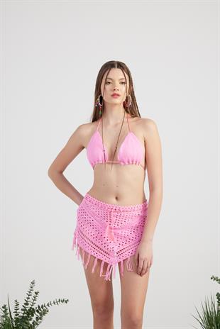 Desenli Bağlamalı Yazlık Alt Üst Chacha Triko Takım Pembe